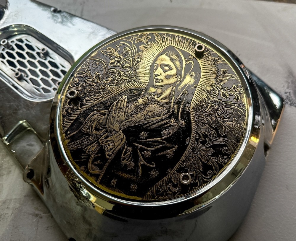 Brass Holy Mother engraved 3 Hole Derby Clutch Cover 1970-1998 EVO Shovelhead