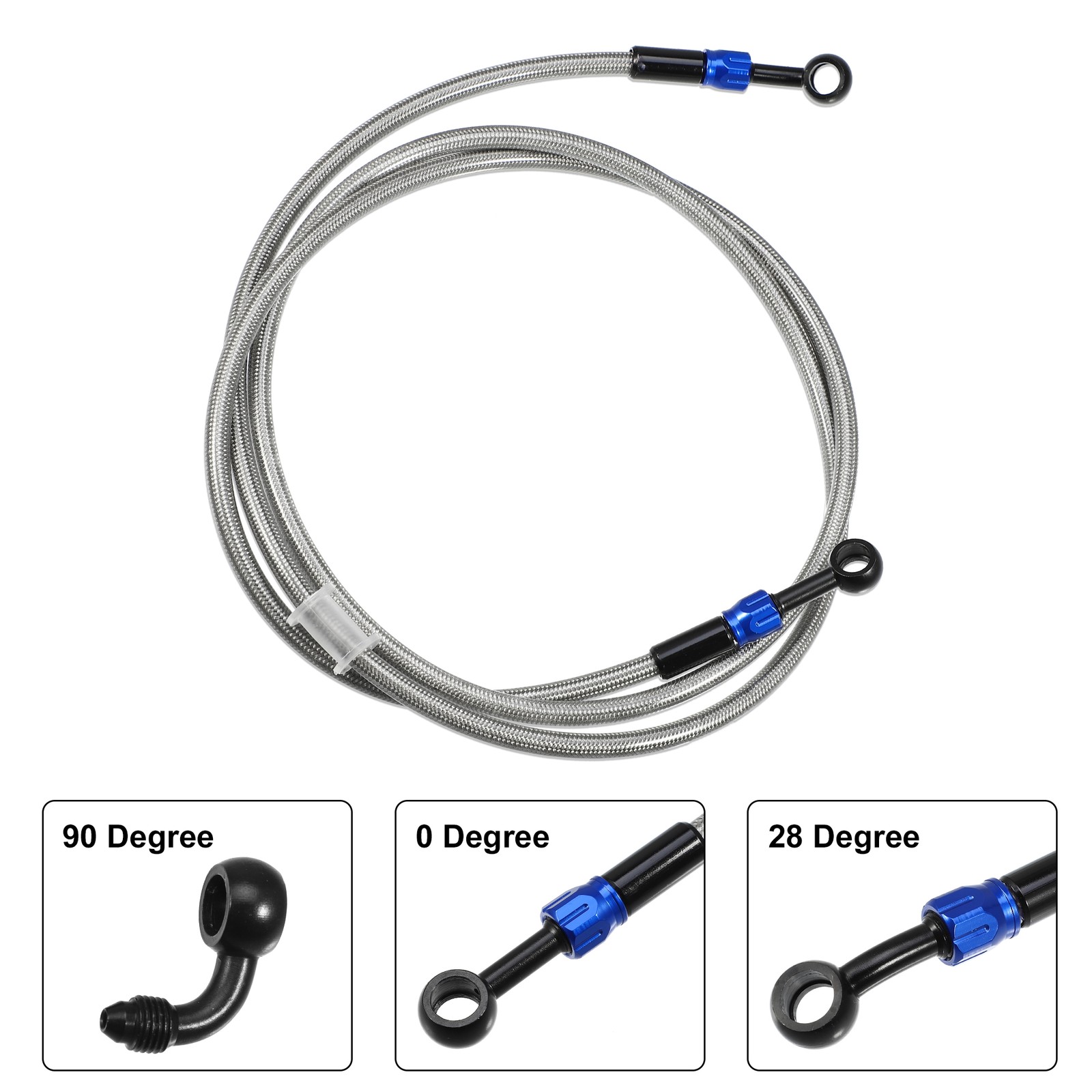 AN3 28 90 Degree Brake Hose Motorcycle Braided Line Tube 170cm Silver Tone