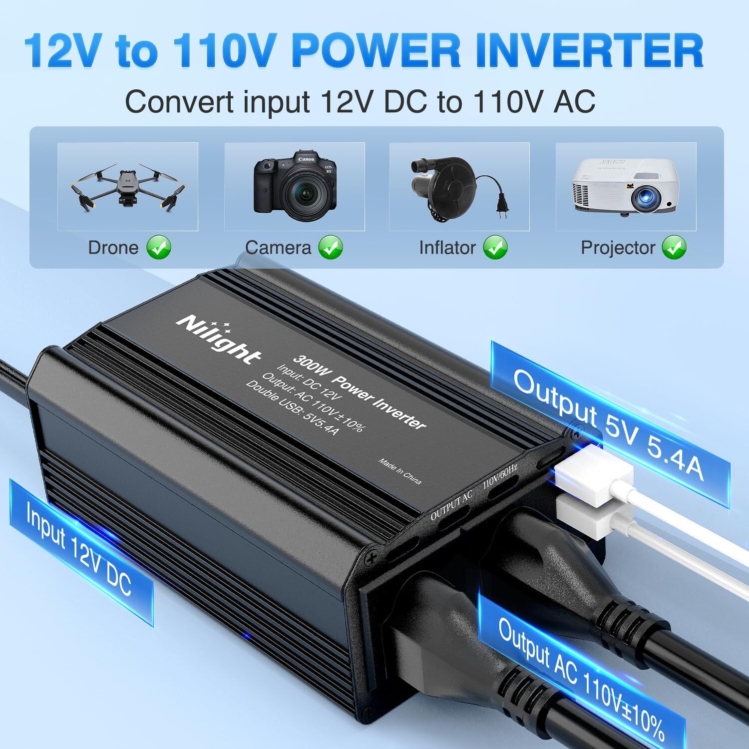 Nilight 300W Power Inverter 12V DC to 110V AC Car Charger Converter