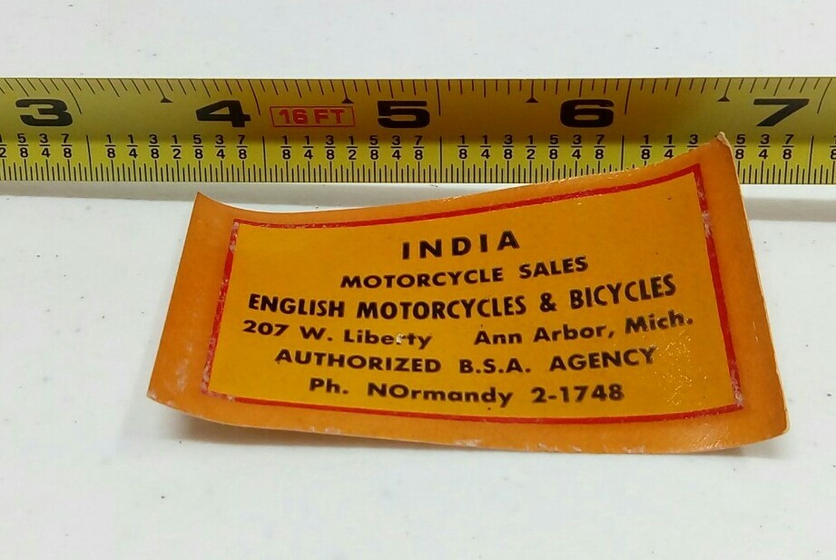 INDIA MOTORCYCLE SALES ANN ARBOR ENGLISH BICYCLES INDIAN DECAL ORIGINAL BSA 1950