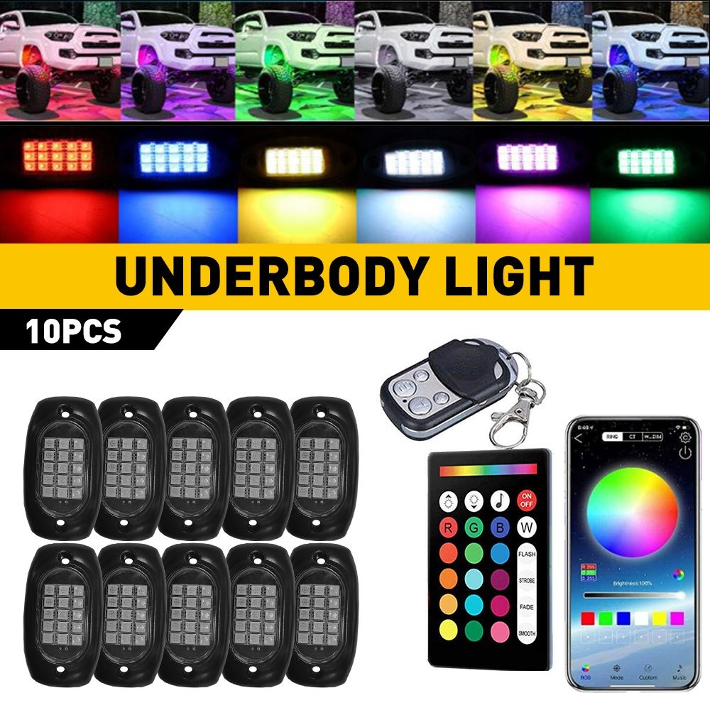 10Pod RGB LED Rock Light Underbody Rig Trail Glow Lamp Offroad SUV Pickup Truck