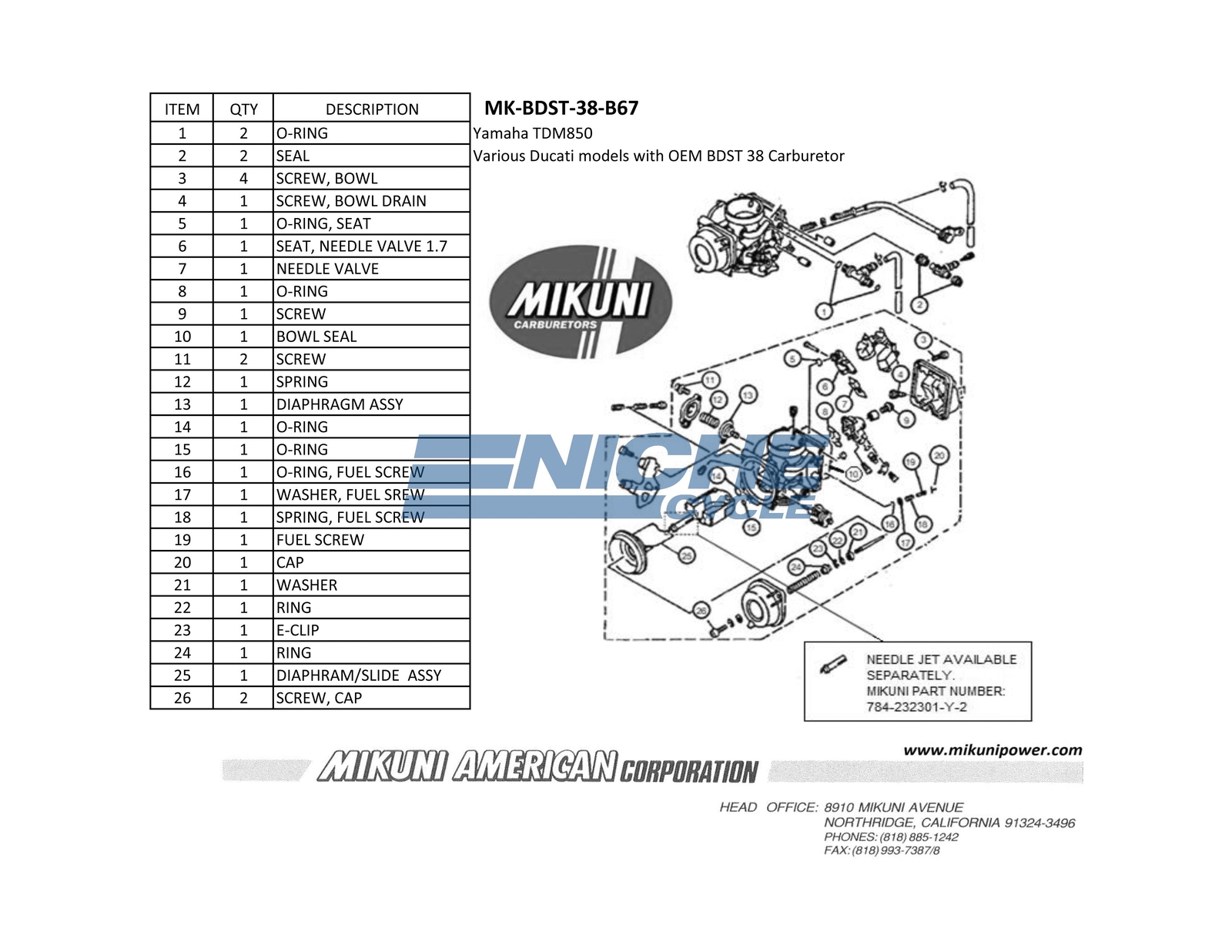 Genuine Mikuni BDST38 Carburetor Rebuild Kit for Yamaha & Ducati MK-BDST-38-B67