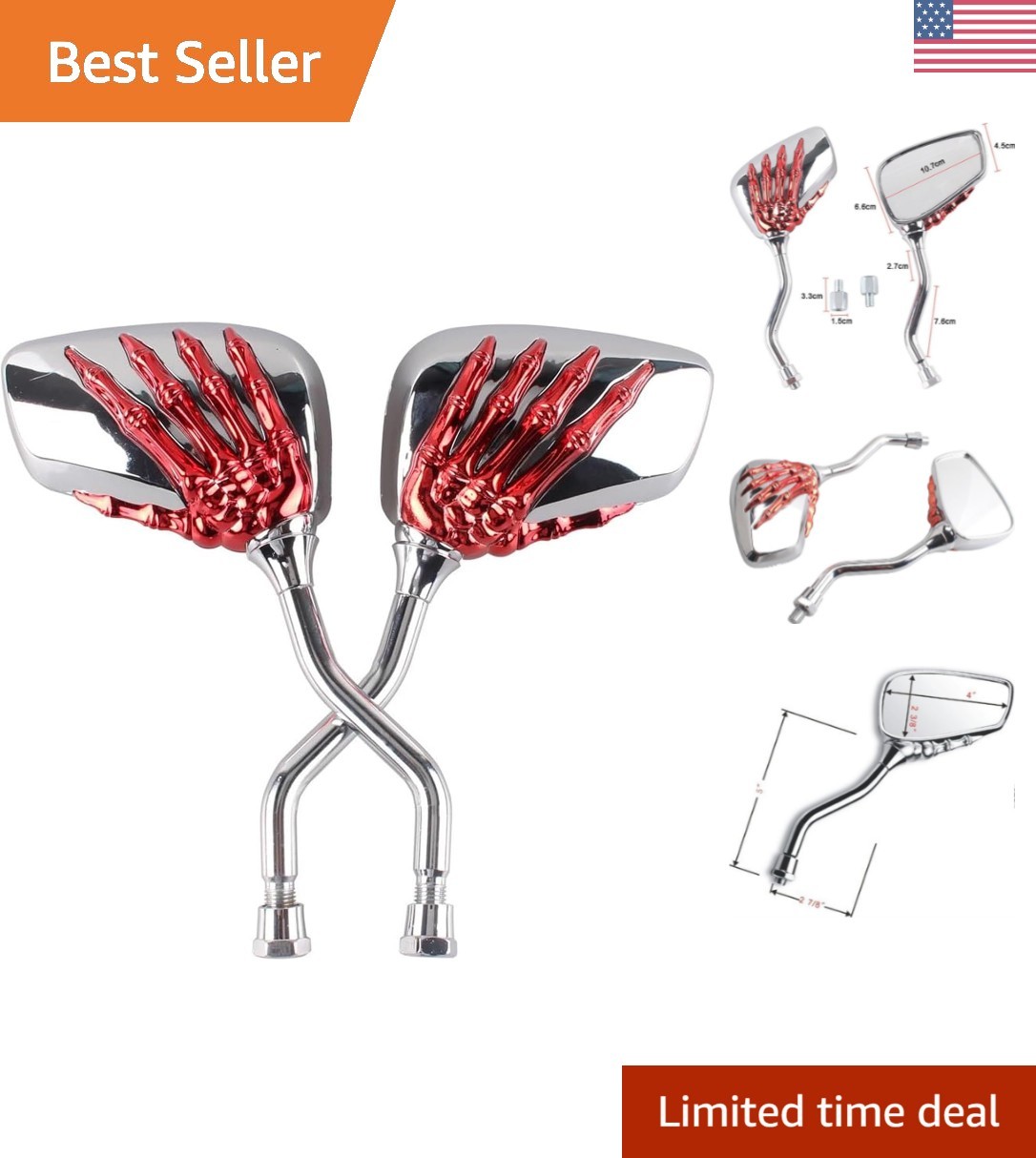 Universal Fit Red Skull Rearview Mirrors for Motorcycles & Scooters – 2 Set