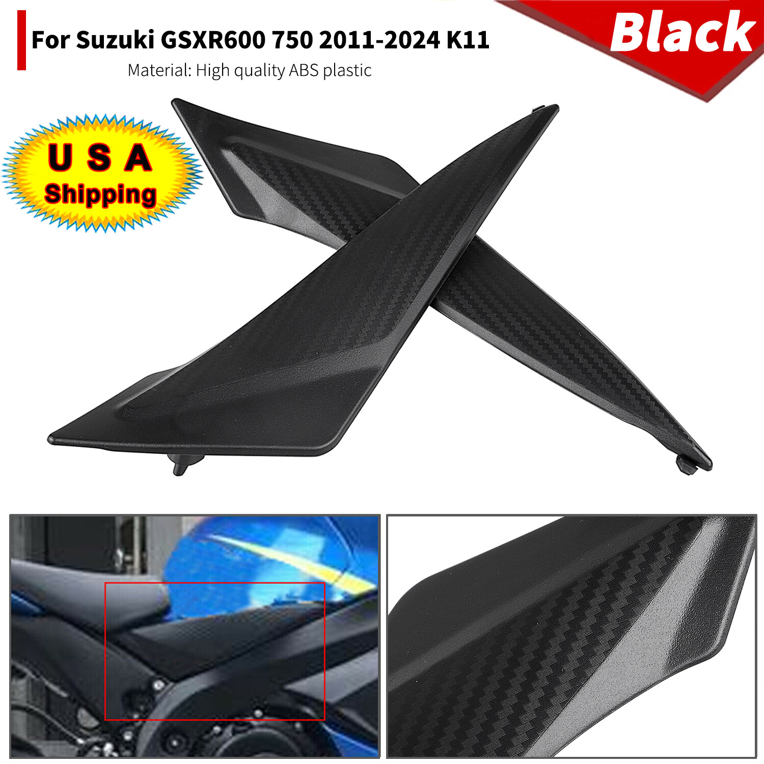 Black Tank Gas Side Panels Covers Fairing For Suzuki GSXR600 750 2011-2024 12 13