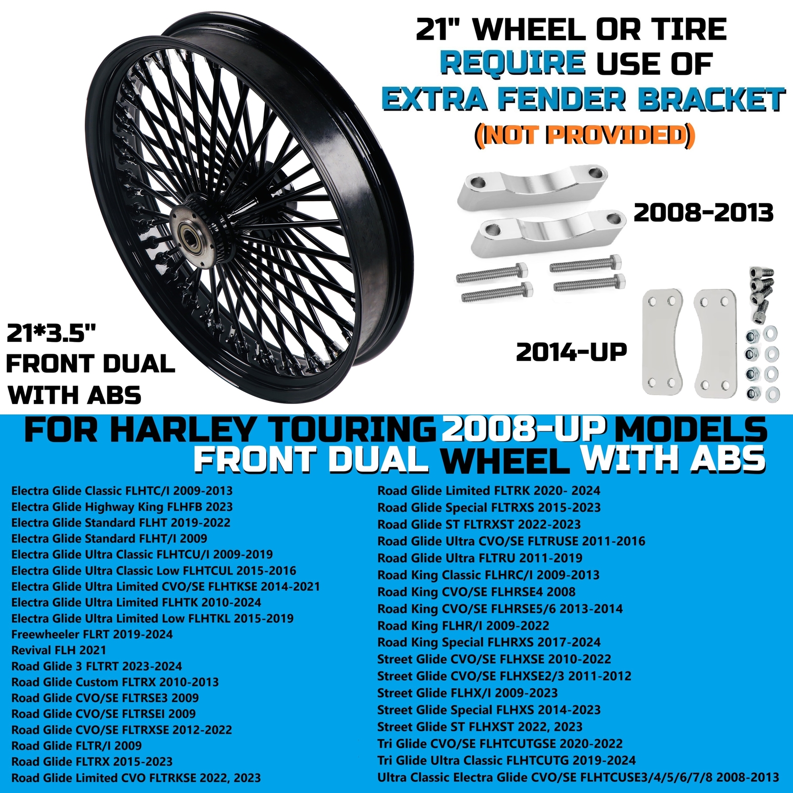 Stainless Steel Spokes Front Dual Wheels & ABS Bearing for 2008-Up Touring New