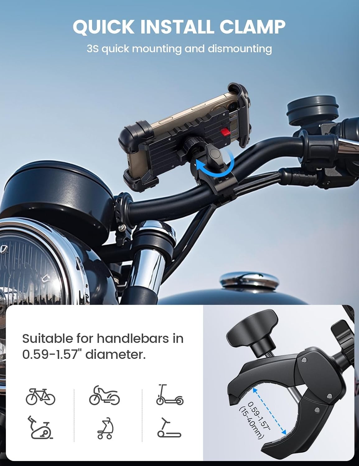 Motorcycle E-Bike Scooter ATV Handlebar Phone Mount Clip, Lockable Rotating Shoc