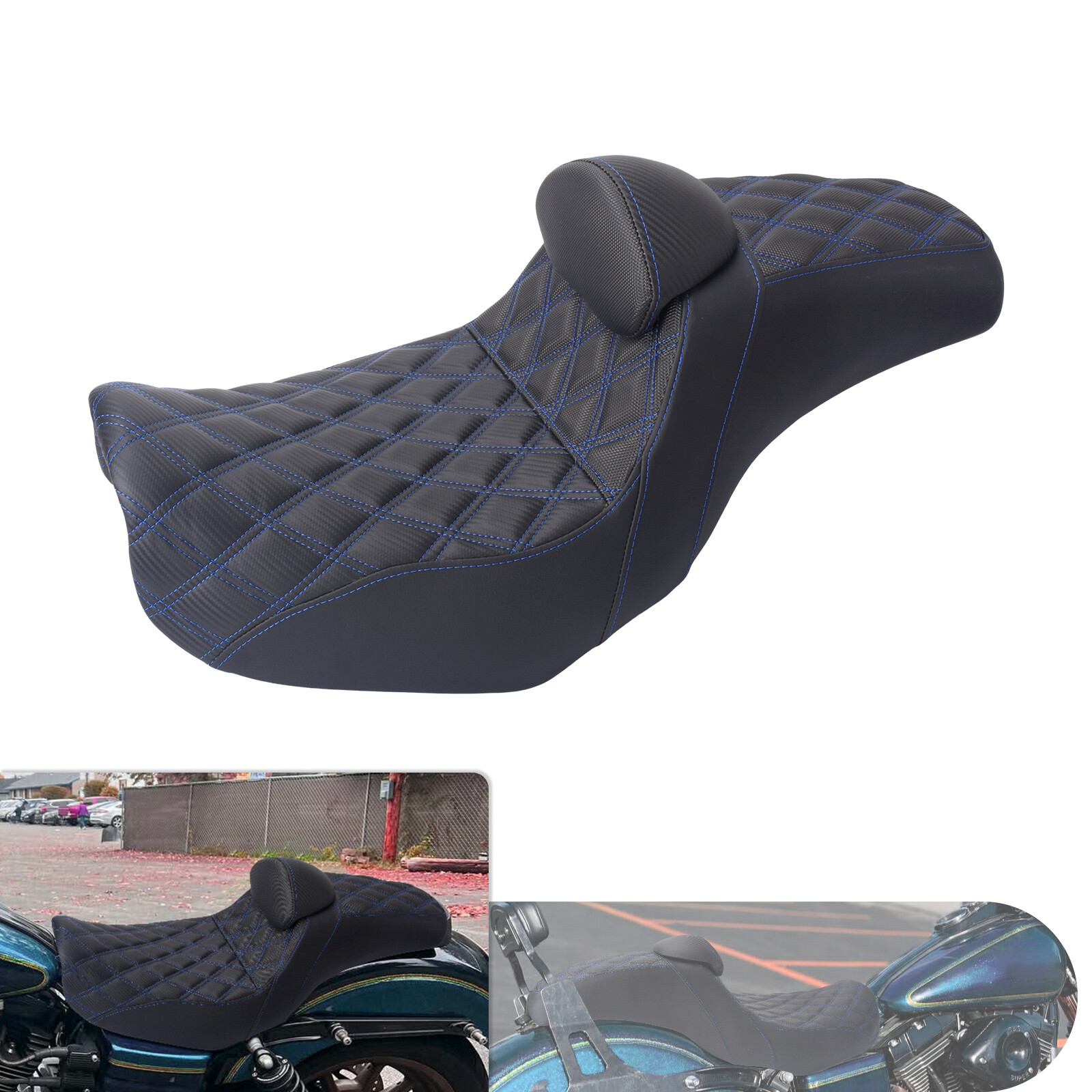 Drive Passenger Seat Blue Stitching Step Up W/ Backrest For Harley Dyna 06-17