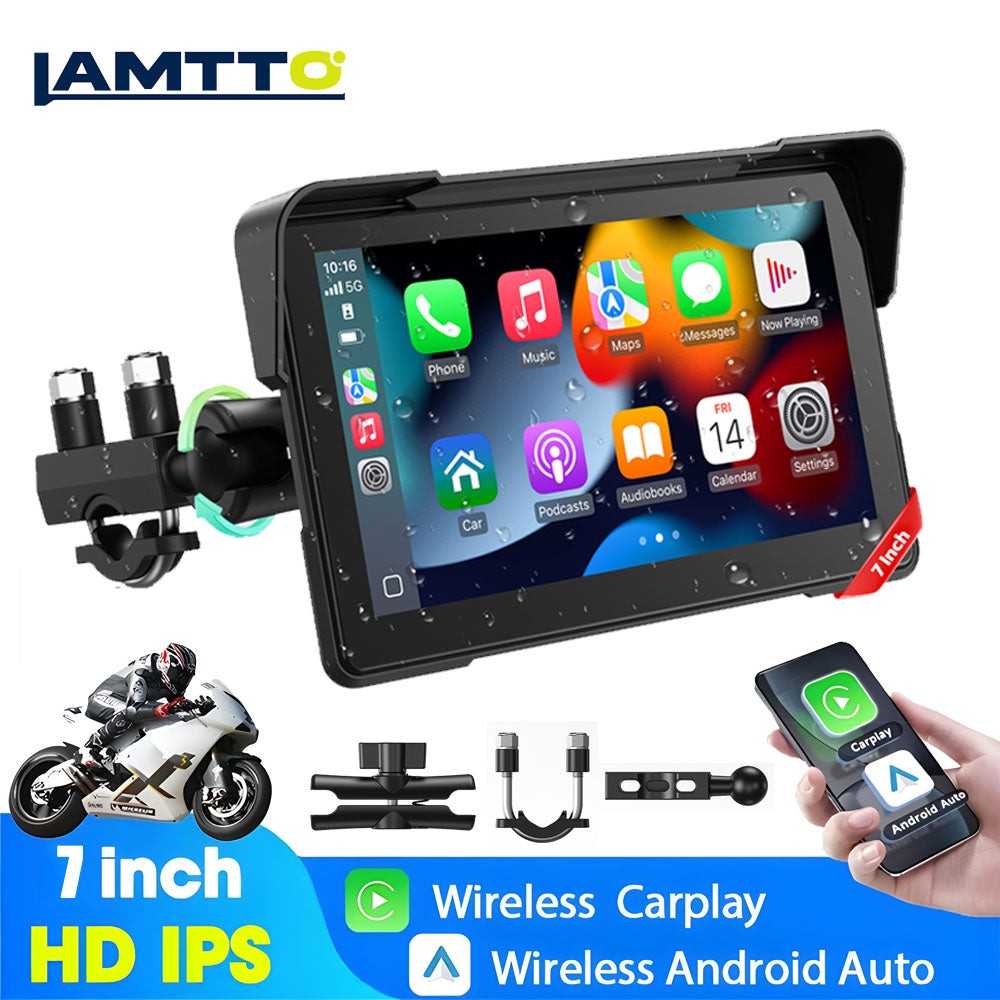 7″ Touch Screen Portable Moto Stereo Wireless CarPlay Android Auto Waterproof