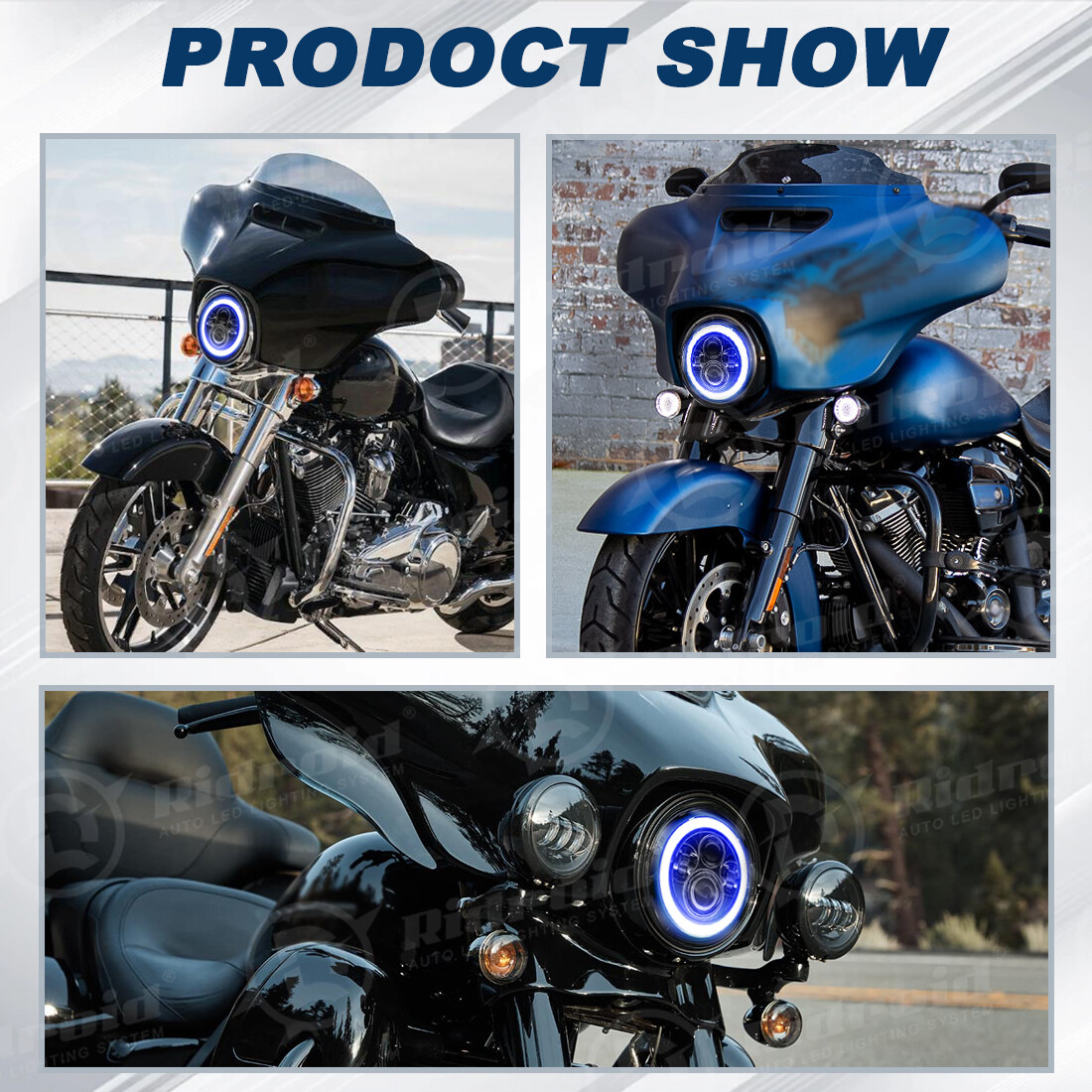 7″ inch LED Headlight Blue Halo Angel Eyes for Harley Davidson Street Glide FLHX
