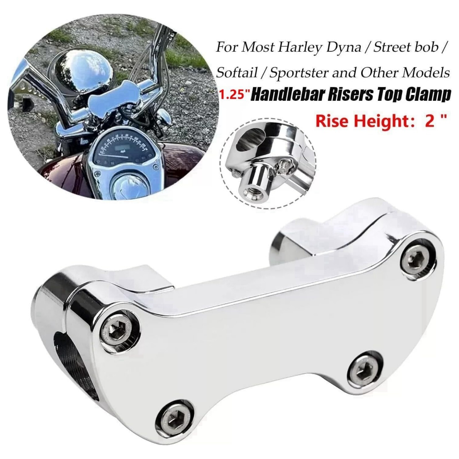 1.25” Handlebar Riser/Top Clamp Kit 2.0″ Tall for Harley Touring Models, Chrome
