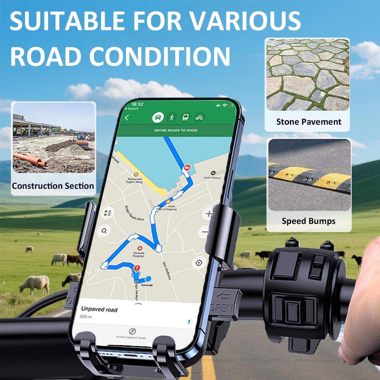 Bike Phone Mount Holder, Motorcycle for 4.7-7.2 inches, Black