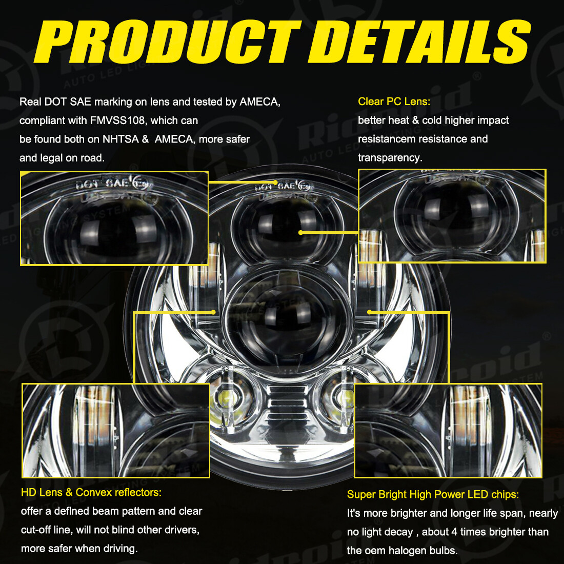 Chrome 5-3/4″ 5.75” LED Headlight High/Low Beam For Dyna Sportster XL 883 1200