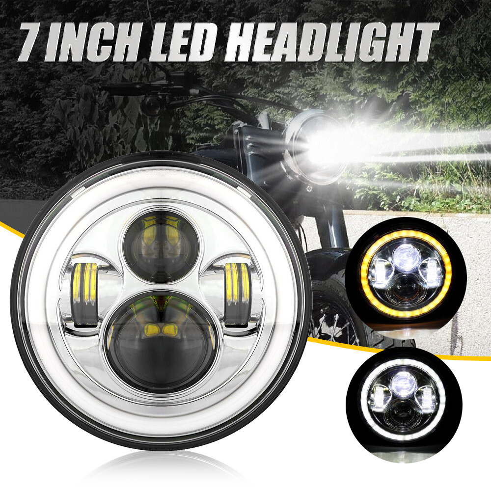 DOT Chrome 7″ inch Round LED Headlight H4 Hi-lo Beam DRL for Harley Motorcycle