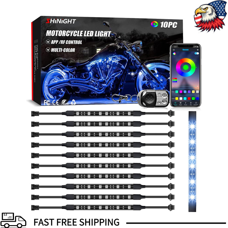 10-Pcs Motorcycle LED Light Kits, App Control Multicolor IP67, RGB Strip Lights