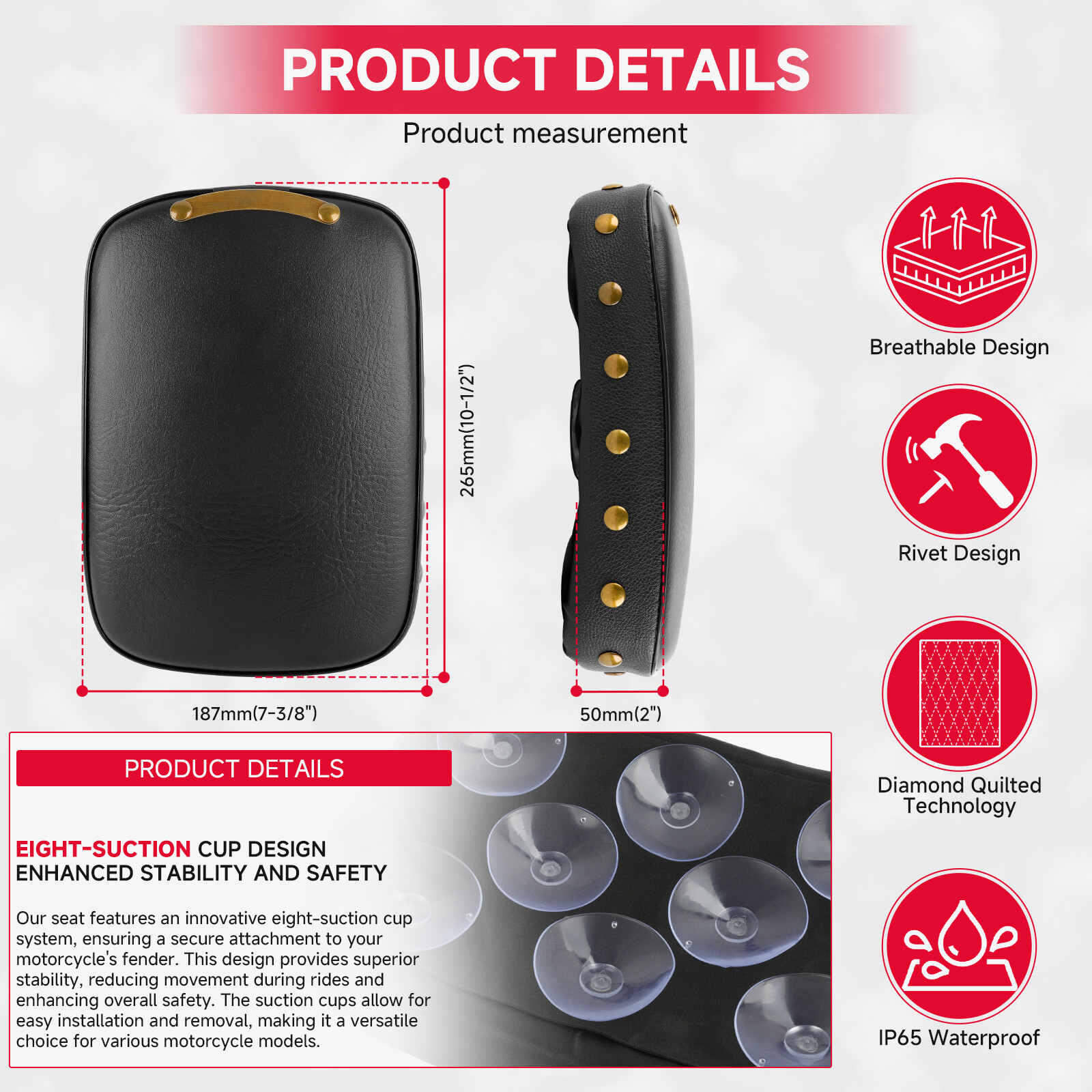 Rectangular Pillion Passenger Pad Seat w/ 8 Suction Cup Pad For Big Dog Chopper