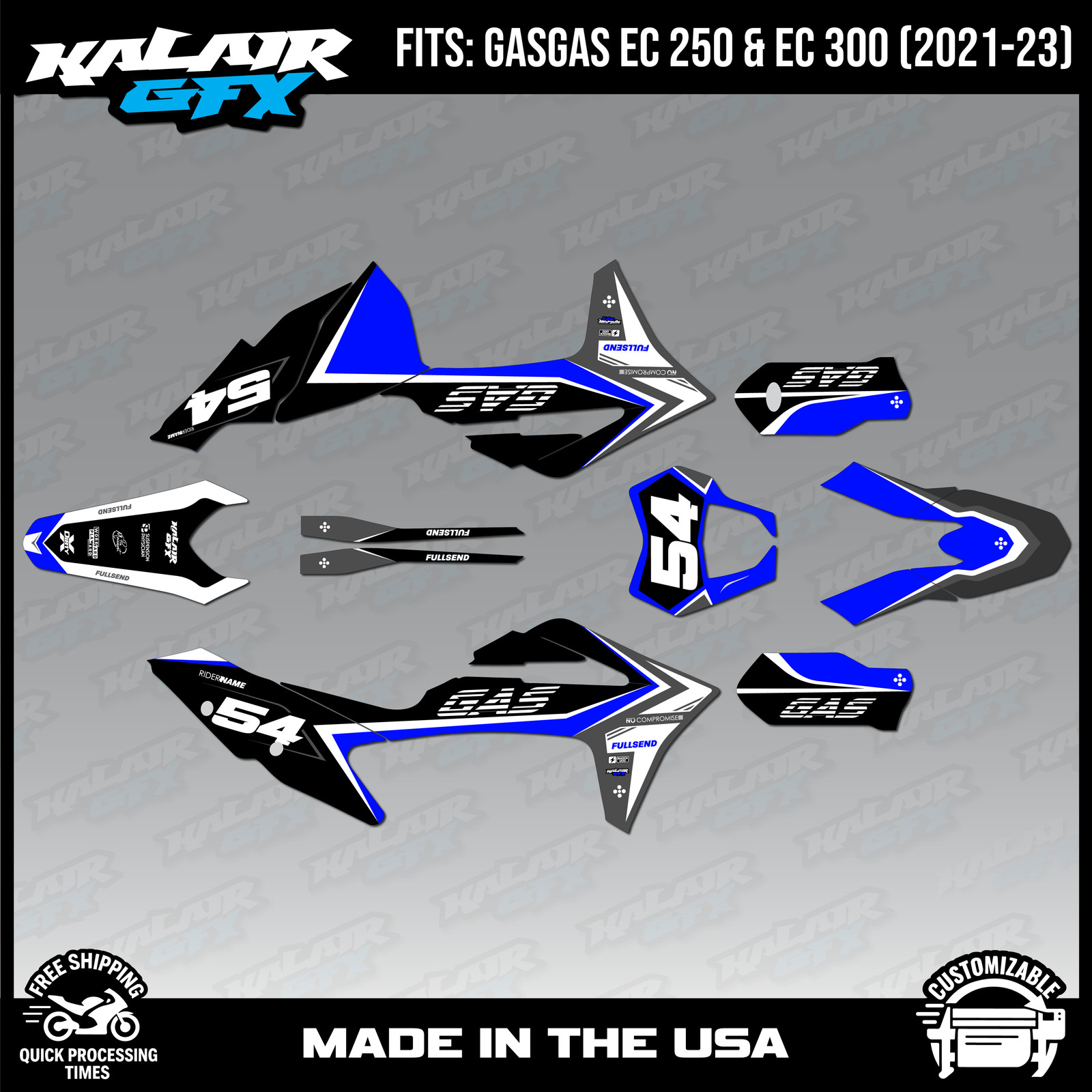 Graphics Kit for GasGas EC250 EC300 models (2021-2023) Inferno – BLUE