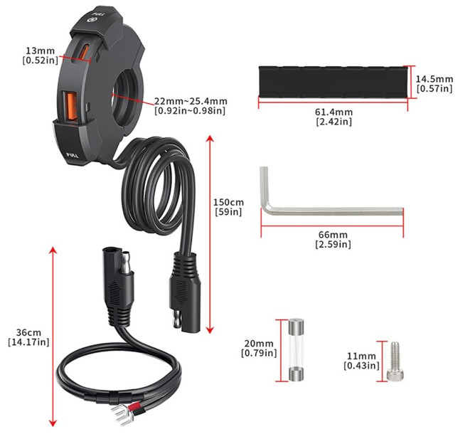 7/8″/1″ 12V/24V 5A Motorcycle Charger Dual USB Type-C PD & QC3.0 Fast Charge