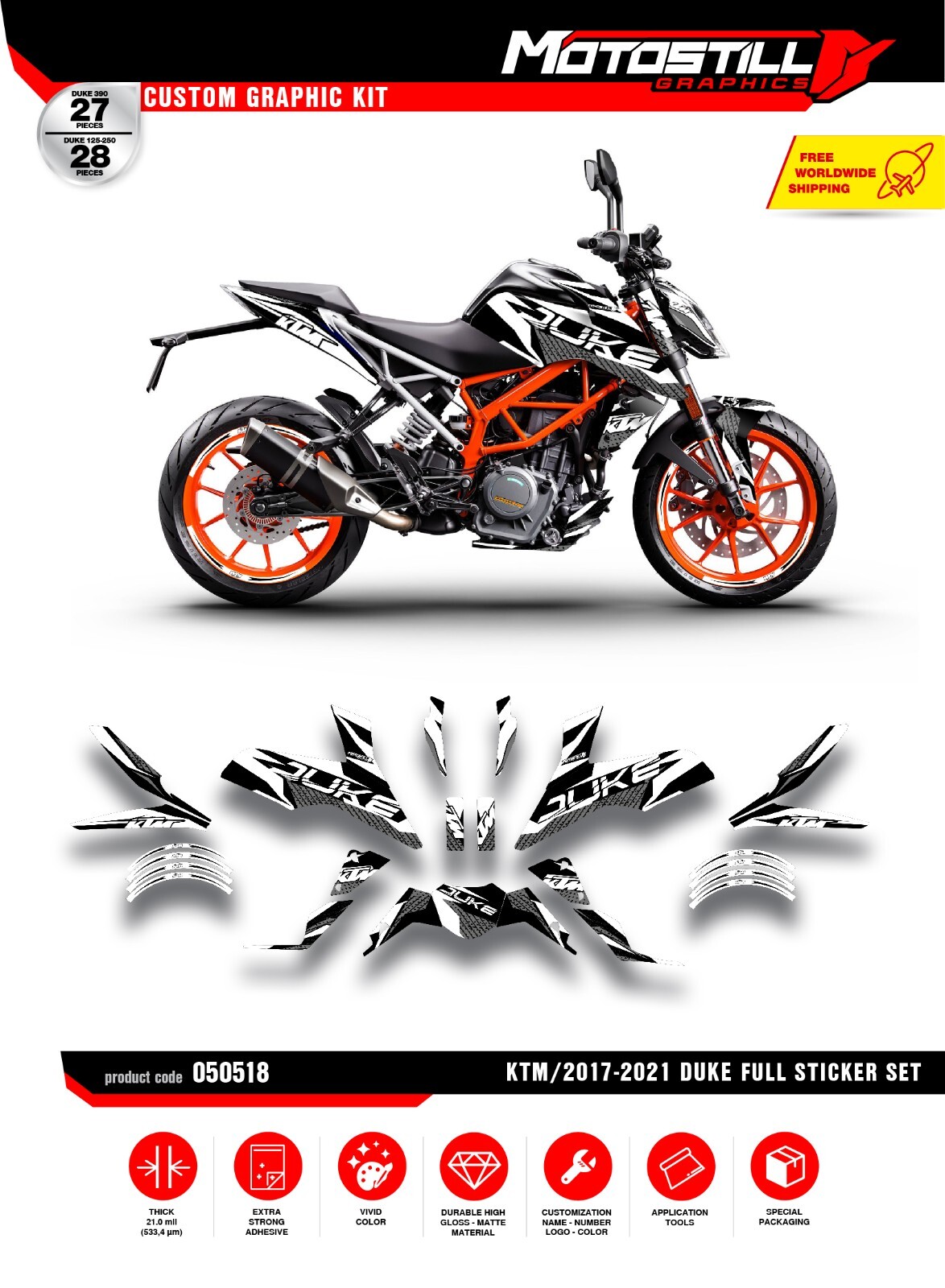 KTM DUKE 125 – 200 – 250 – 390 / 2017 – 2022 GRAPHIC STICKER SET – DECAL KIT