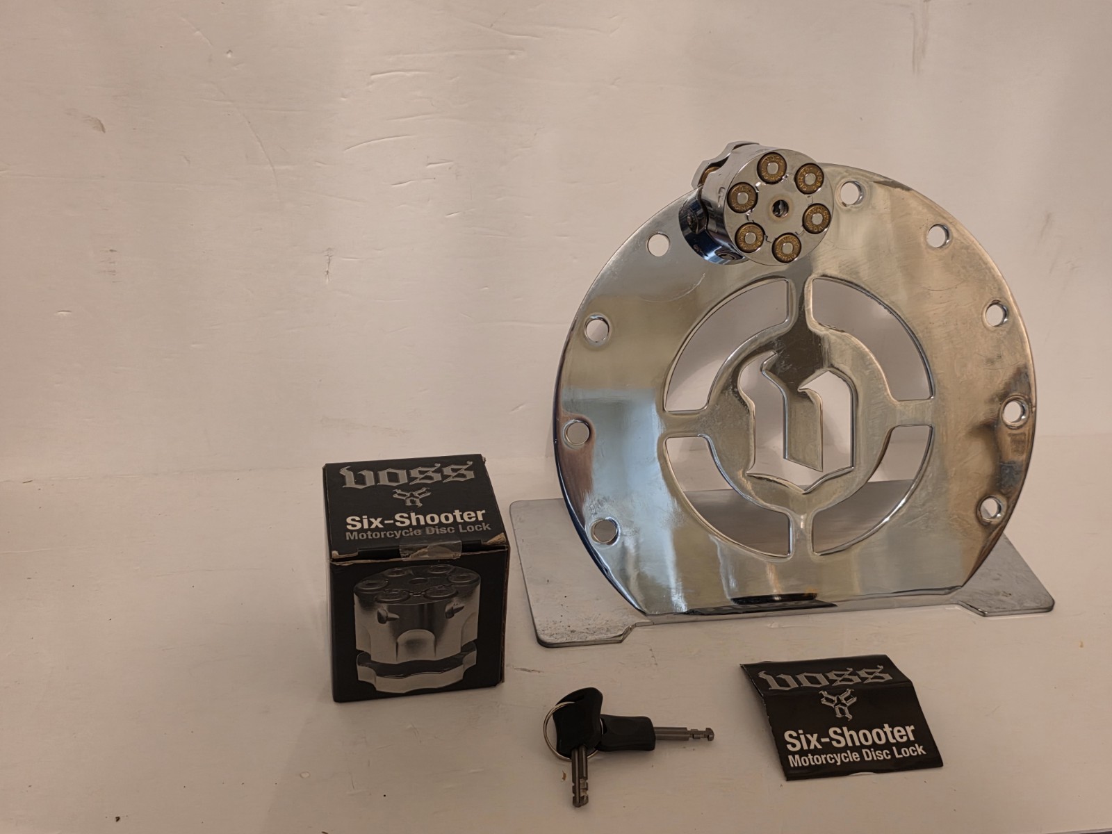 Original Voss 6 Shooter Motorcycle Disc Lock in Chrome .45 8mm Pin 07-100 NOS