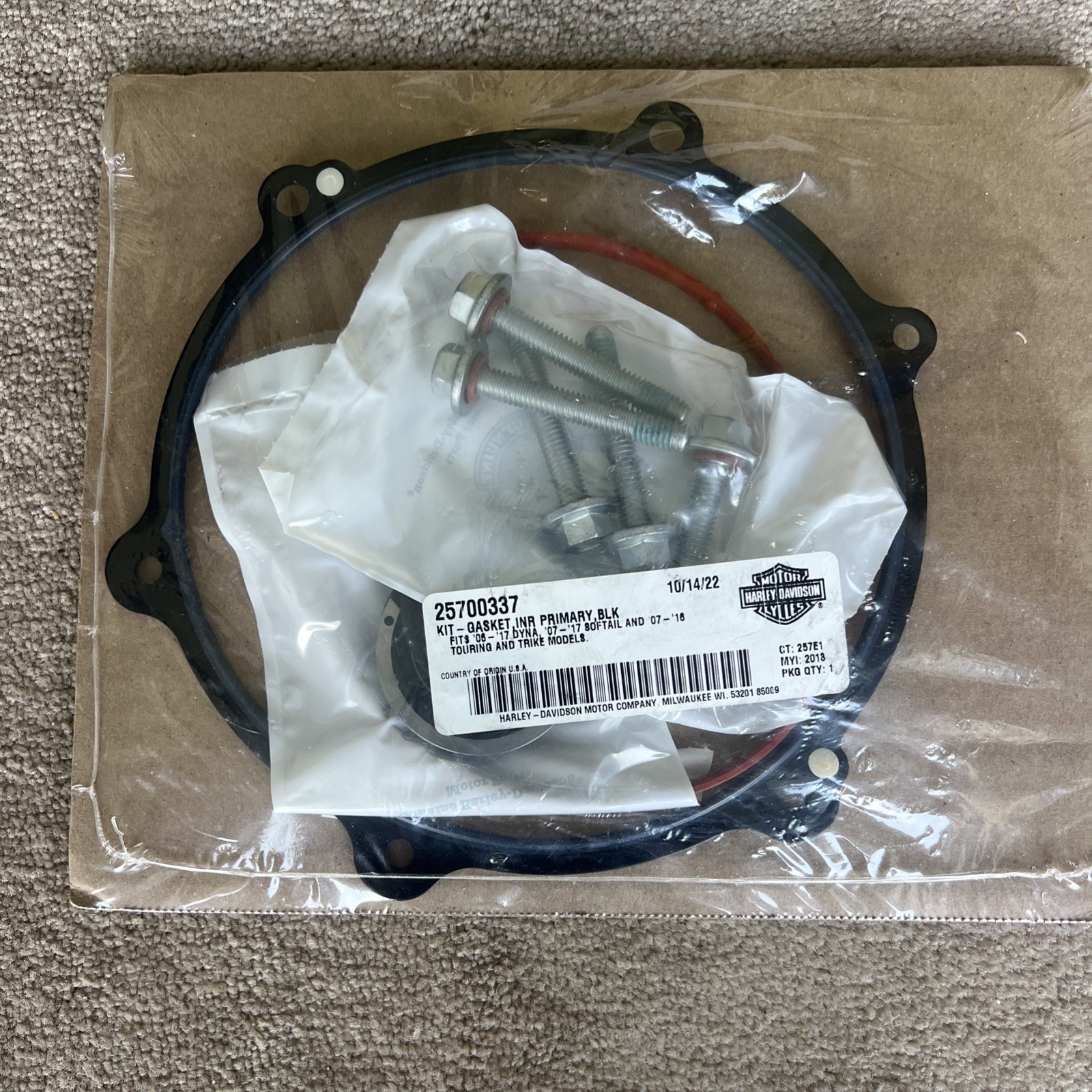 HARLEY DAVIDSON OEM INNER PRIMARY GASKET KIT FOR BLACK PRIMARY COVER 25700337