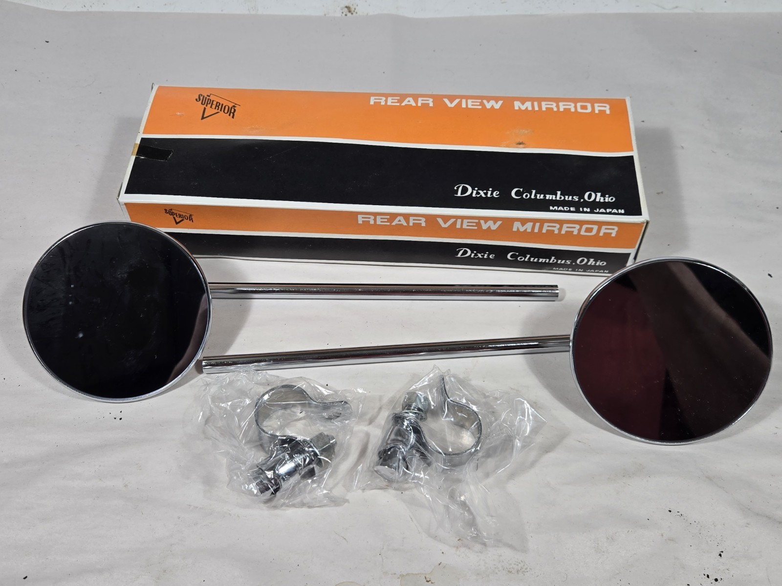 NOS Superior 10″ Long Clamp On Handlebar Mirrors, Panhead Knucklehead Sportster