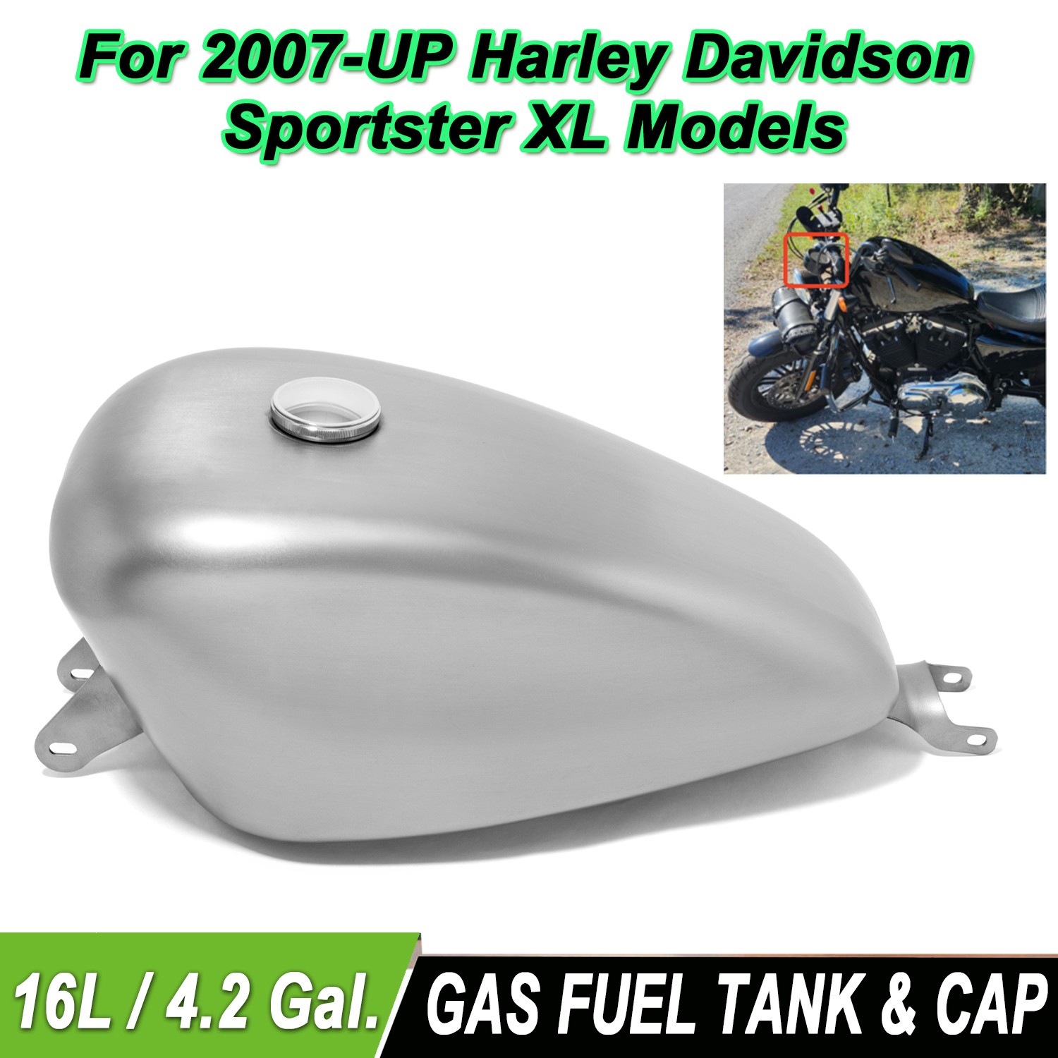 Silver 16L 4.2 Gal Fuel Gas Tank Fit For 2007-23 Sportster 1200 883 XL XLH Iron
