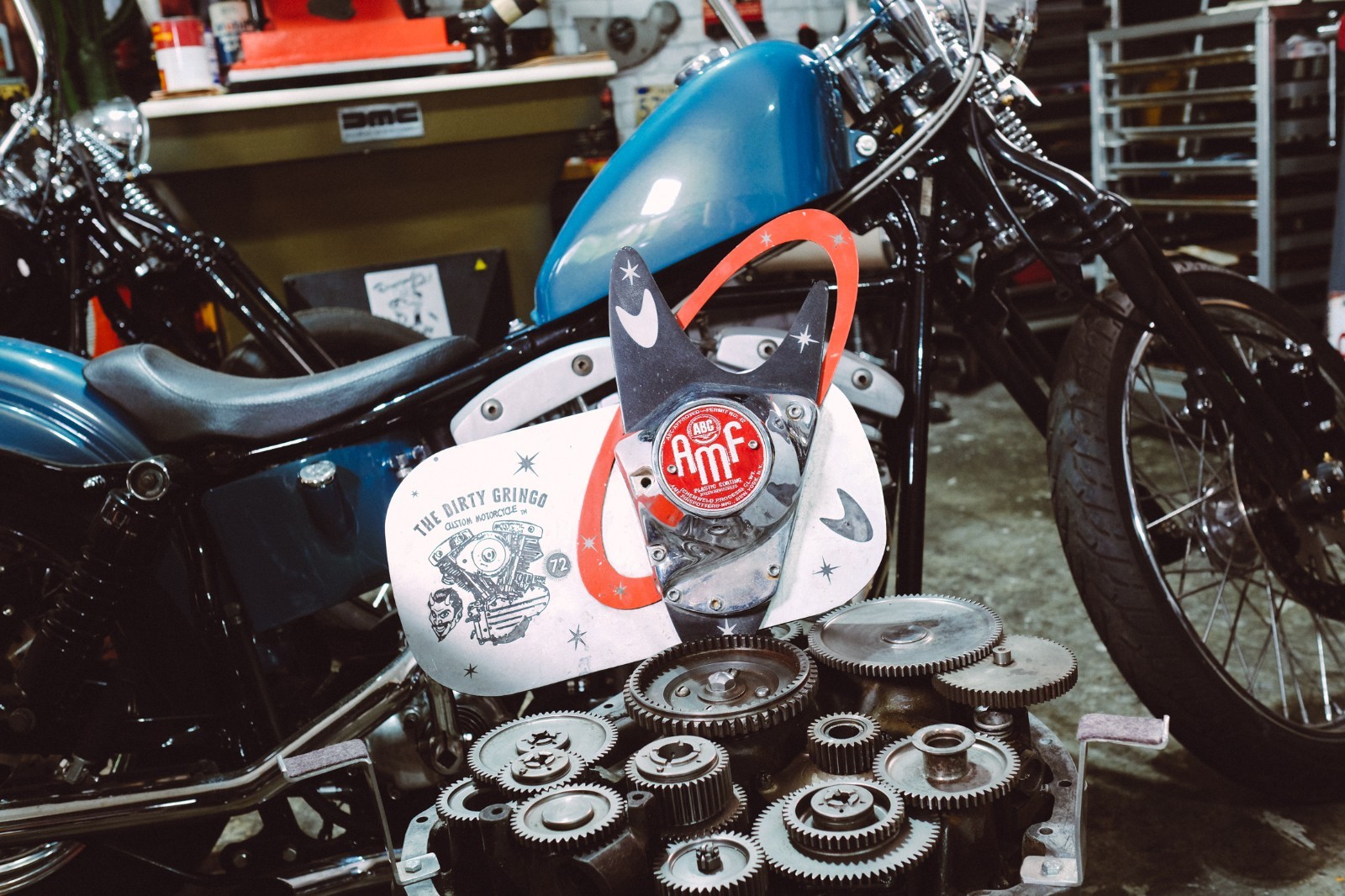 Retro AMF Red Bowling Pin Logo Shovelhead Points Timing Cover Harley Davidson