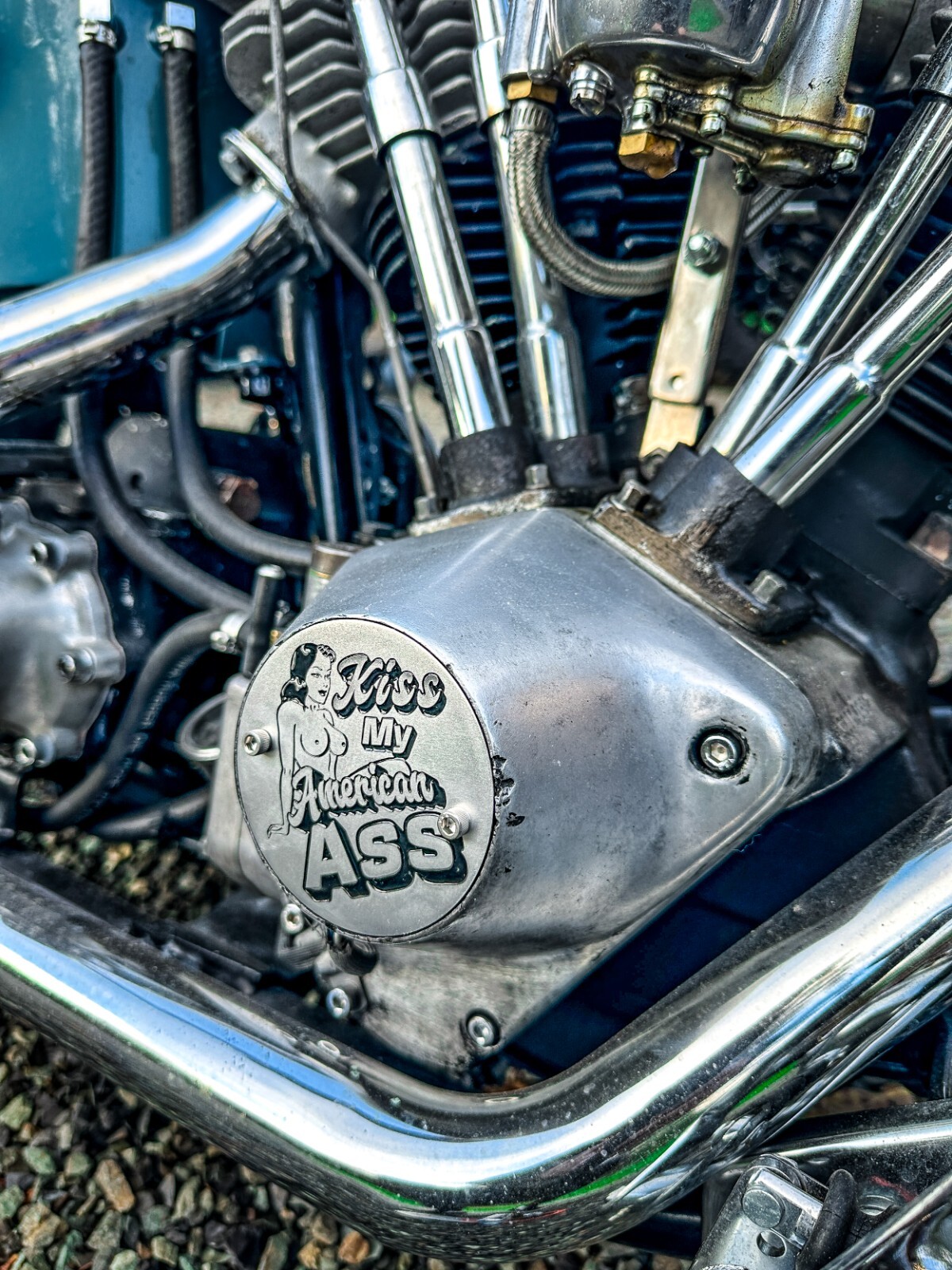 Kiss My American Ass w Titties Evo Shovelhead 2Hole Timing Cover Harley Davidson