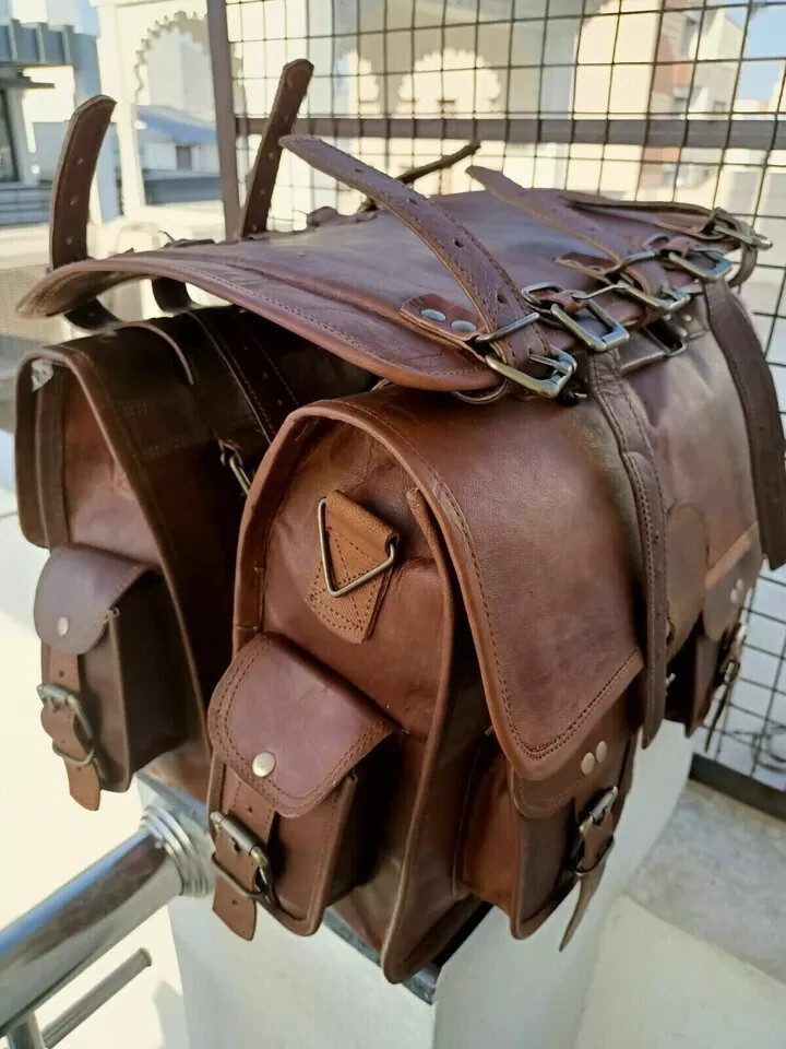 Large Genuine Leather 2 Saddle Bag Motorcycle Luggage Side Bag Center Attachment