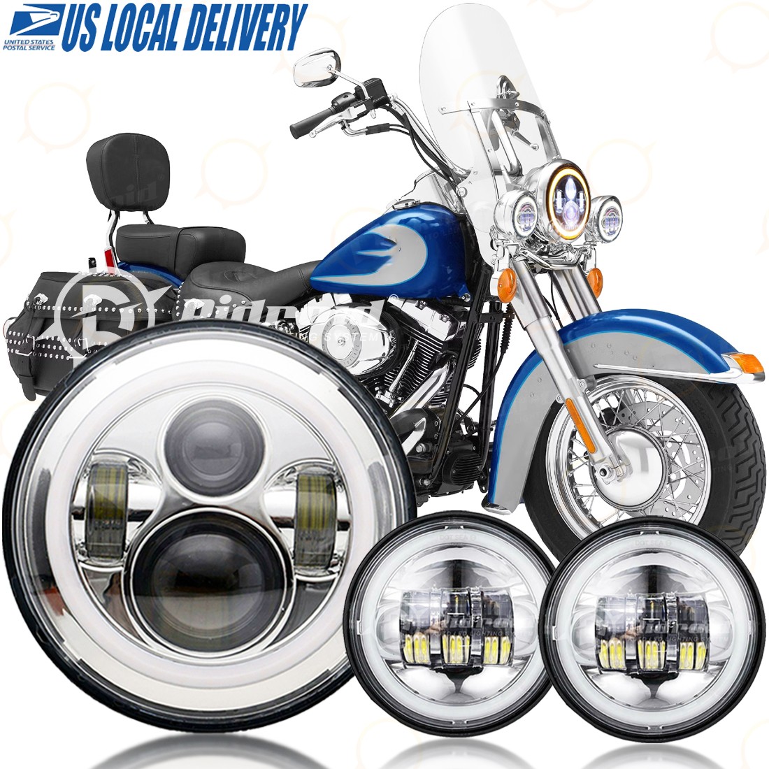 For Harley Davidson Heritage Softail Classic 7″LED Headlight Halo Fog Lights Set