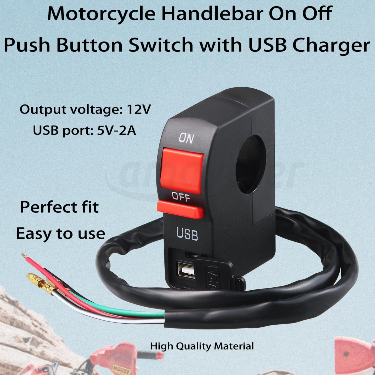7/8 Motorcycle Handlebar On Off Push Button Switch 12V5A USB Charger Headlight