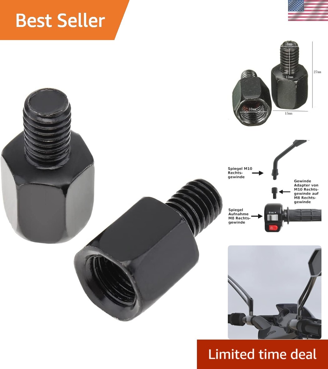 Durable Black Mirror Thread Converter for Motorcycles – 10mm to 8mm, 2-Pack