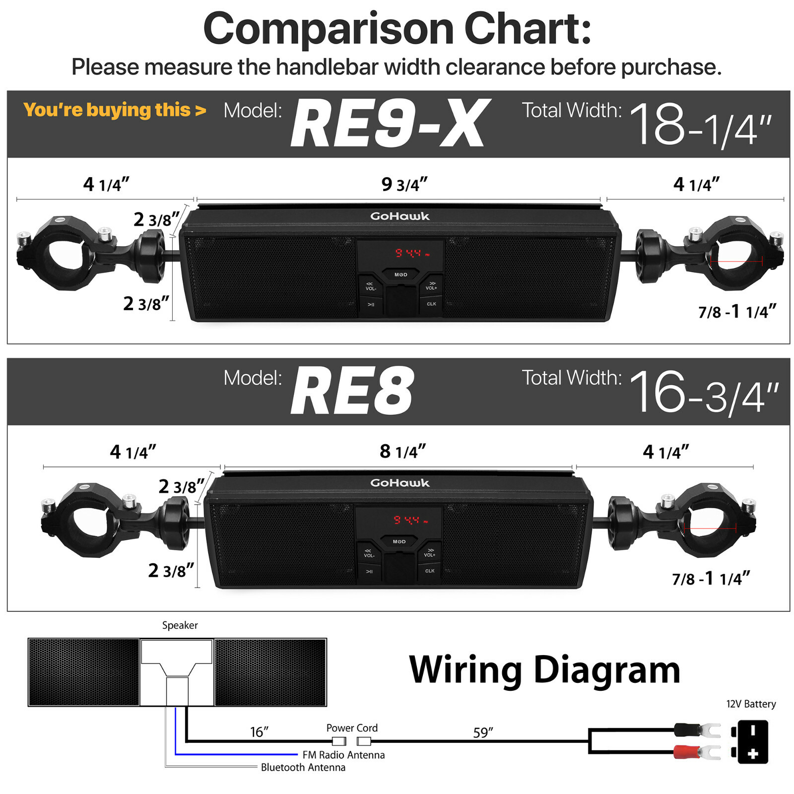 Handlebar Bluetooth Motorcycle Stereo Speakers Audio System MP3 ATV UTV 4Wheeler