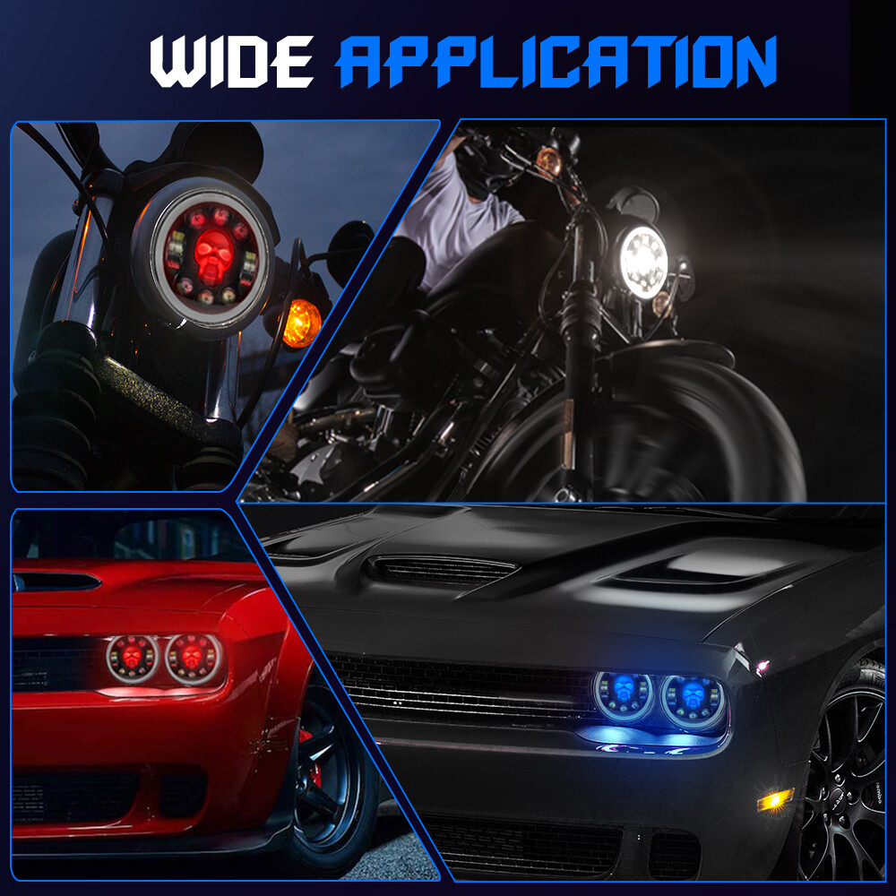 RGB Skull 5-3/4″ 5.75 LED Headlight Hi/Lo Beam for Sportster XL 883 1200 Dyna