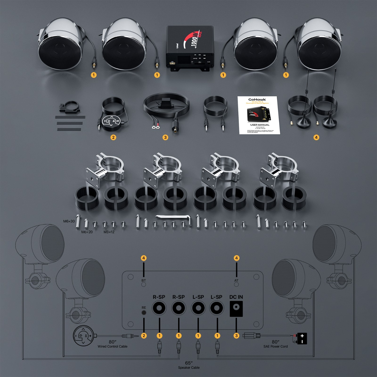 Refurbished 1000W Waterproof Bluetooth Motorcycle Audio Stereo 4 Speakers System