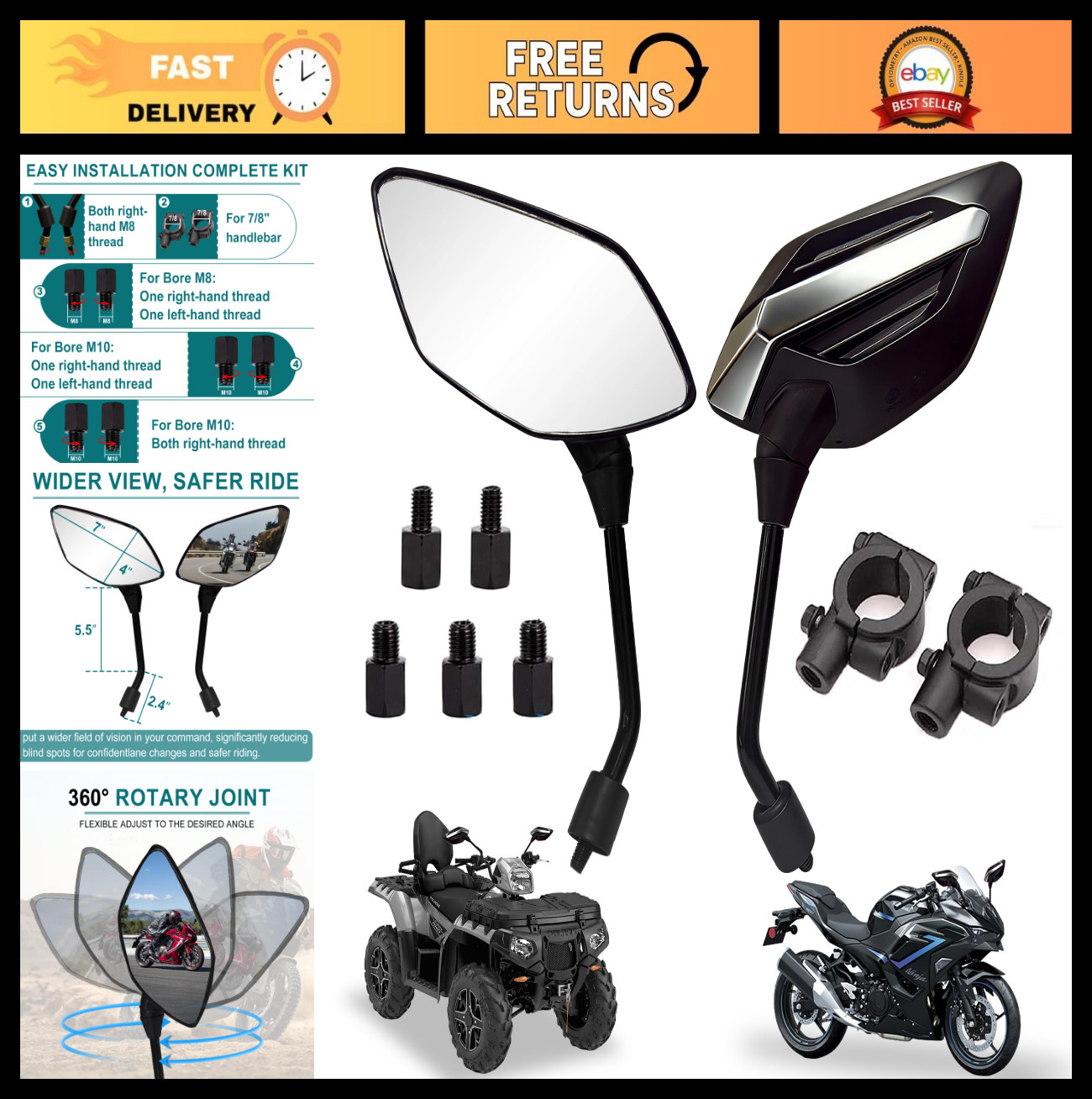 Universal ATV & Motorcycle Rear View Mirrors – 7/8″ Handlebar, 8mm/10mm Mount, C