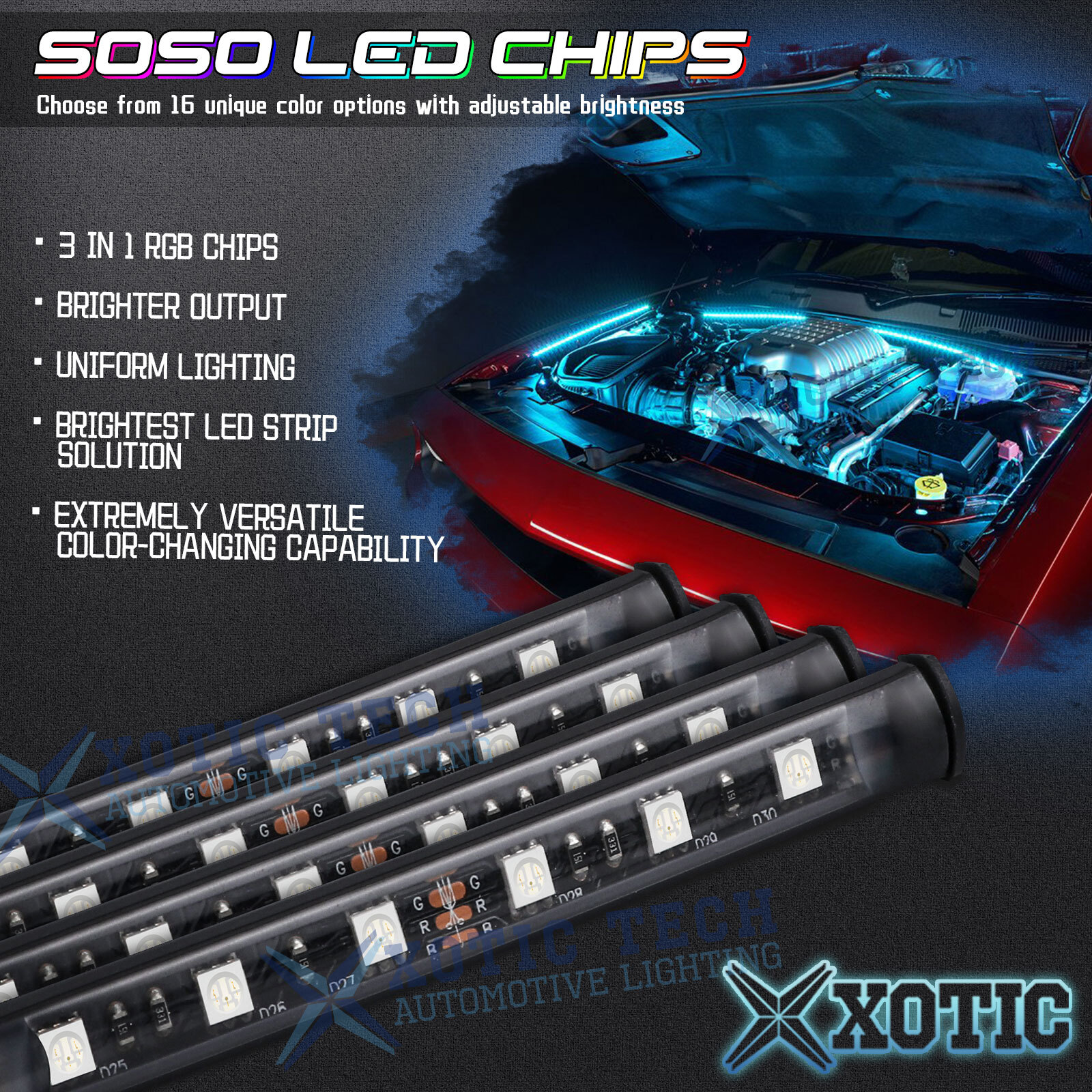 RGB Multi-Color LED Car Engine Bay Flexible Lighting Strips w/ Wireless Remote
