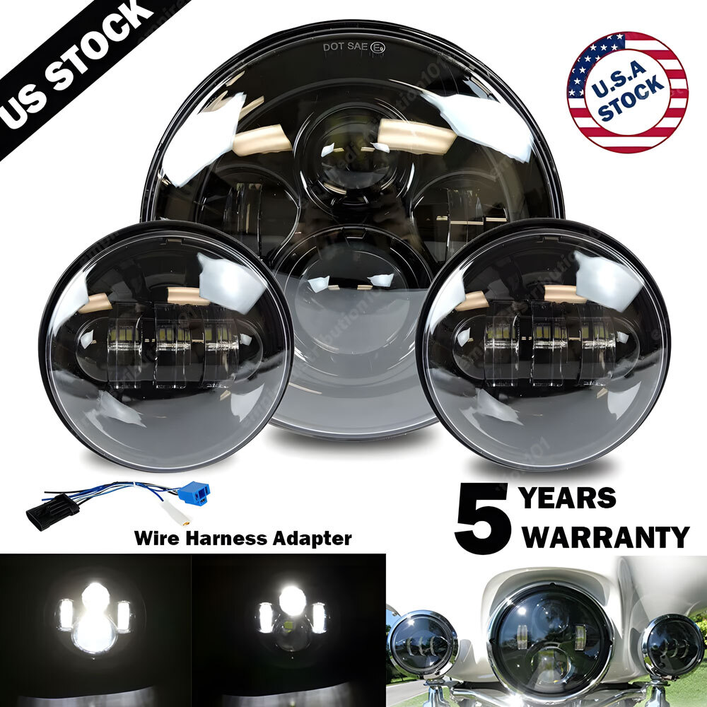 BLACK 7″ INCH LED Projector Headlight + Passing Lights Fit for Harley Touring 3x