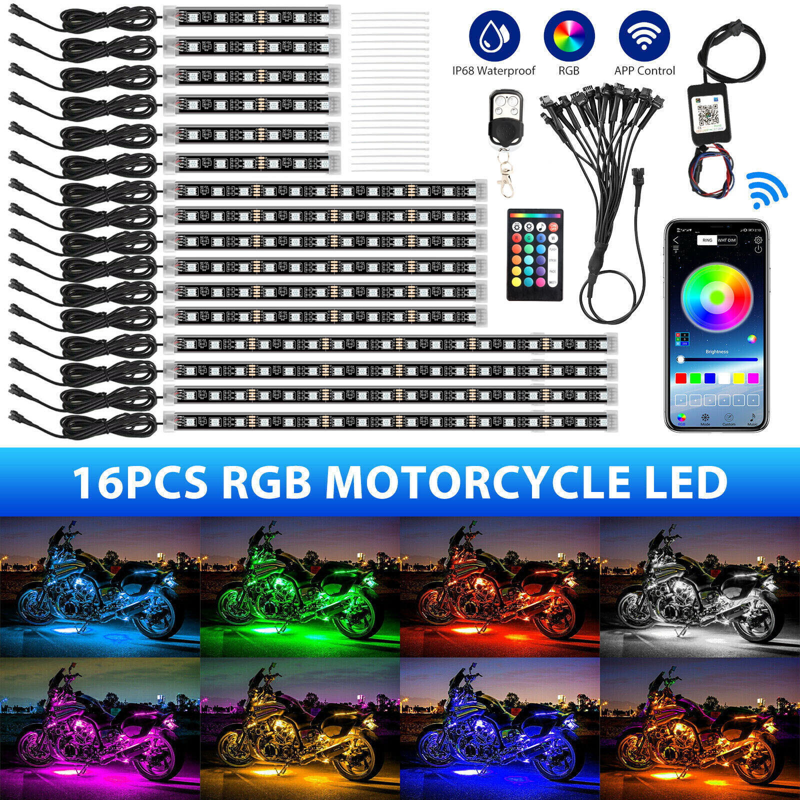 16PCS Motorcycle RGB LED Strip Light Under Glow Neon Kit Bluetooth APP Control