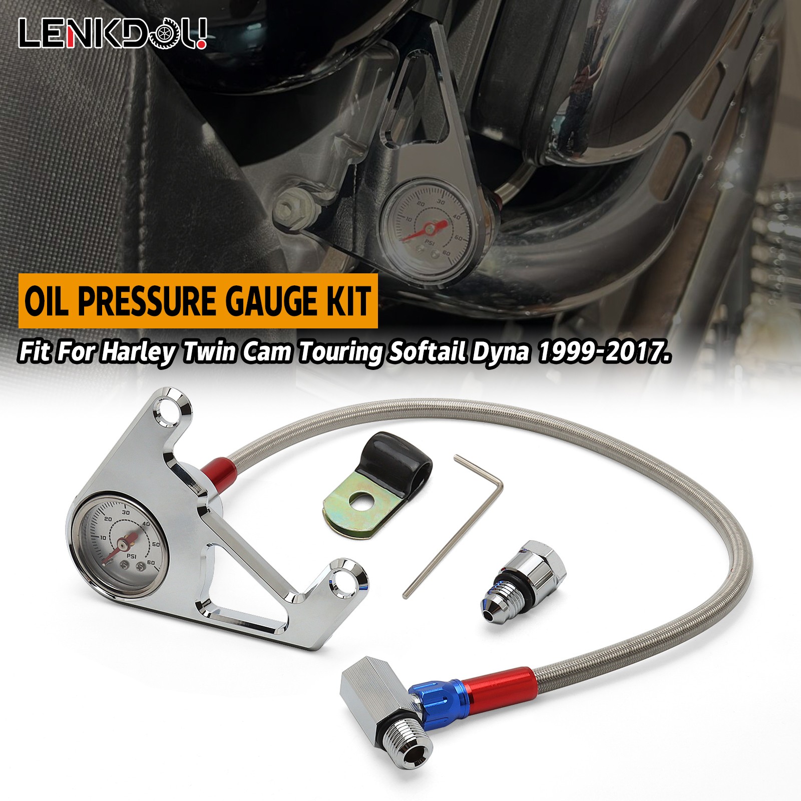 Engine Oil Pressure Gauge Kit For Harley Twin Cam Softail 1999-2017 Chrome
