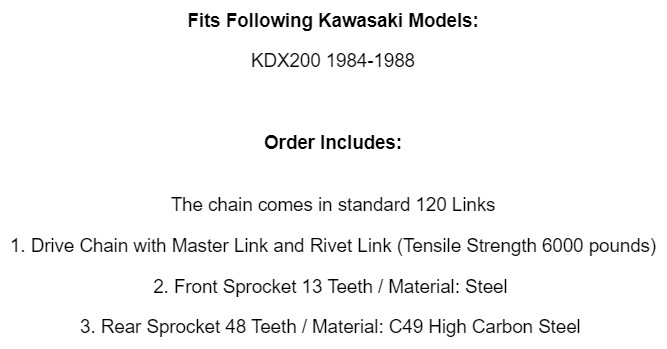 Drive Chain & Sprockets Kit for Kawasaki KDX200 1984 1985 1986 1987 1988