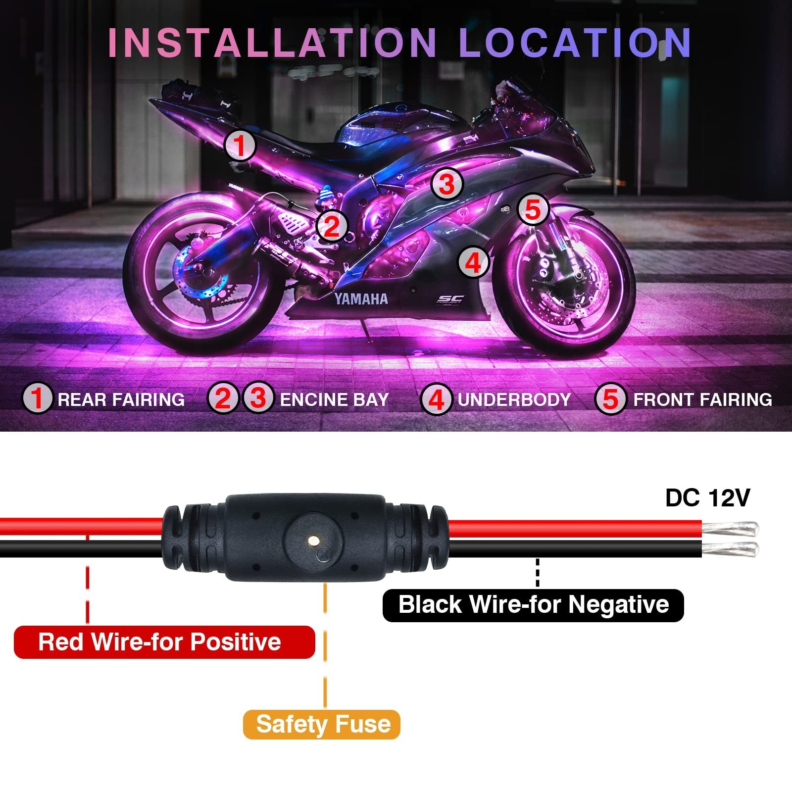 12Pcs Waterproof RGB Motorcycle LED Lights Kit, Multicolor Underglow, APP/RF, Mu
