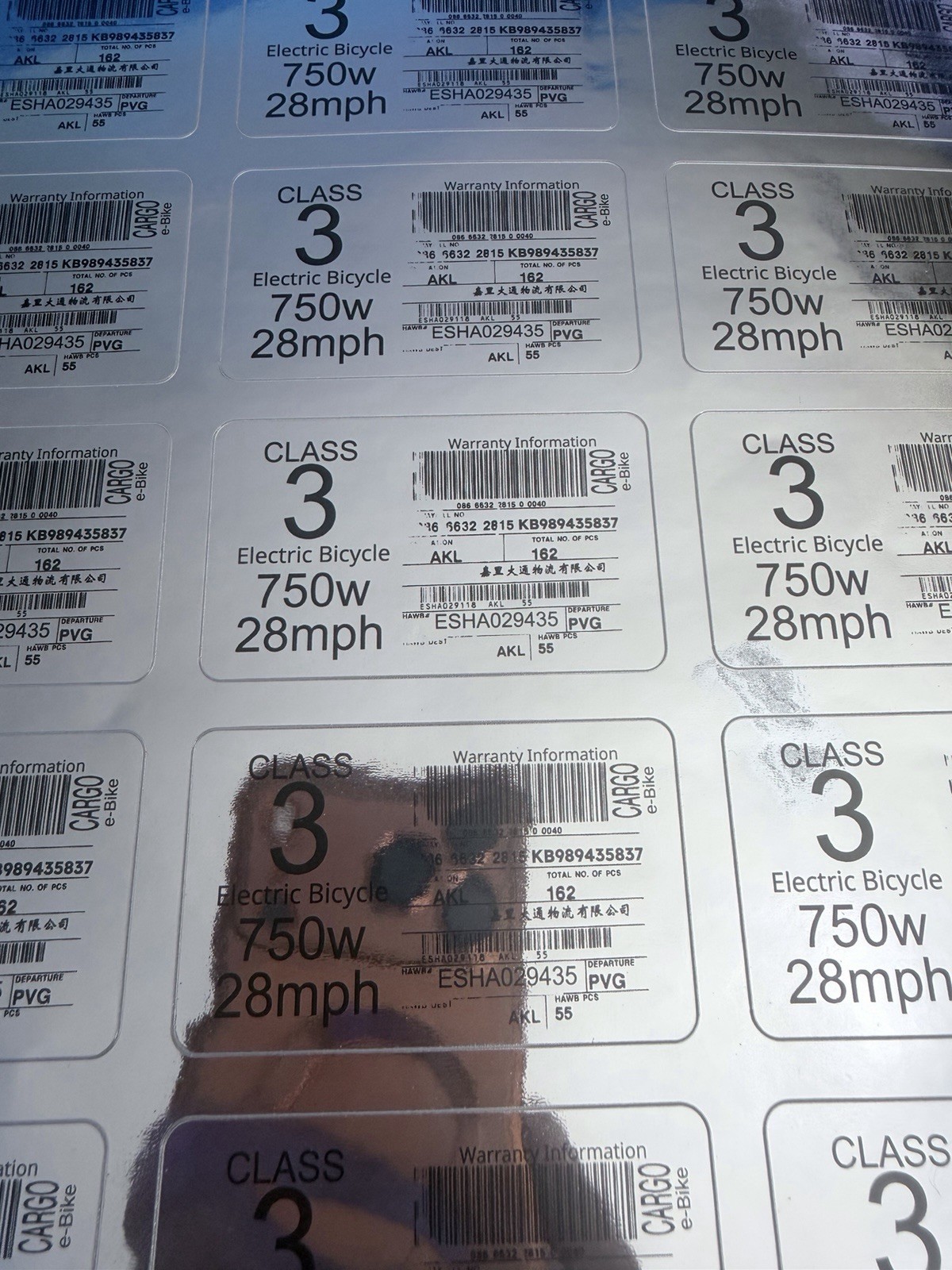 Class 3 E-Bike Stickers, Decals, 750W, 28MPH Reflective Metallic Silver