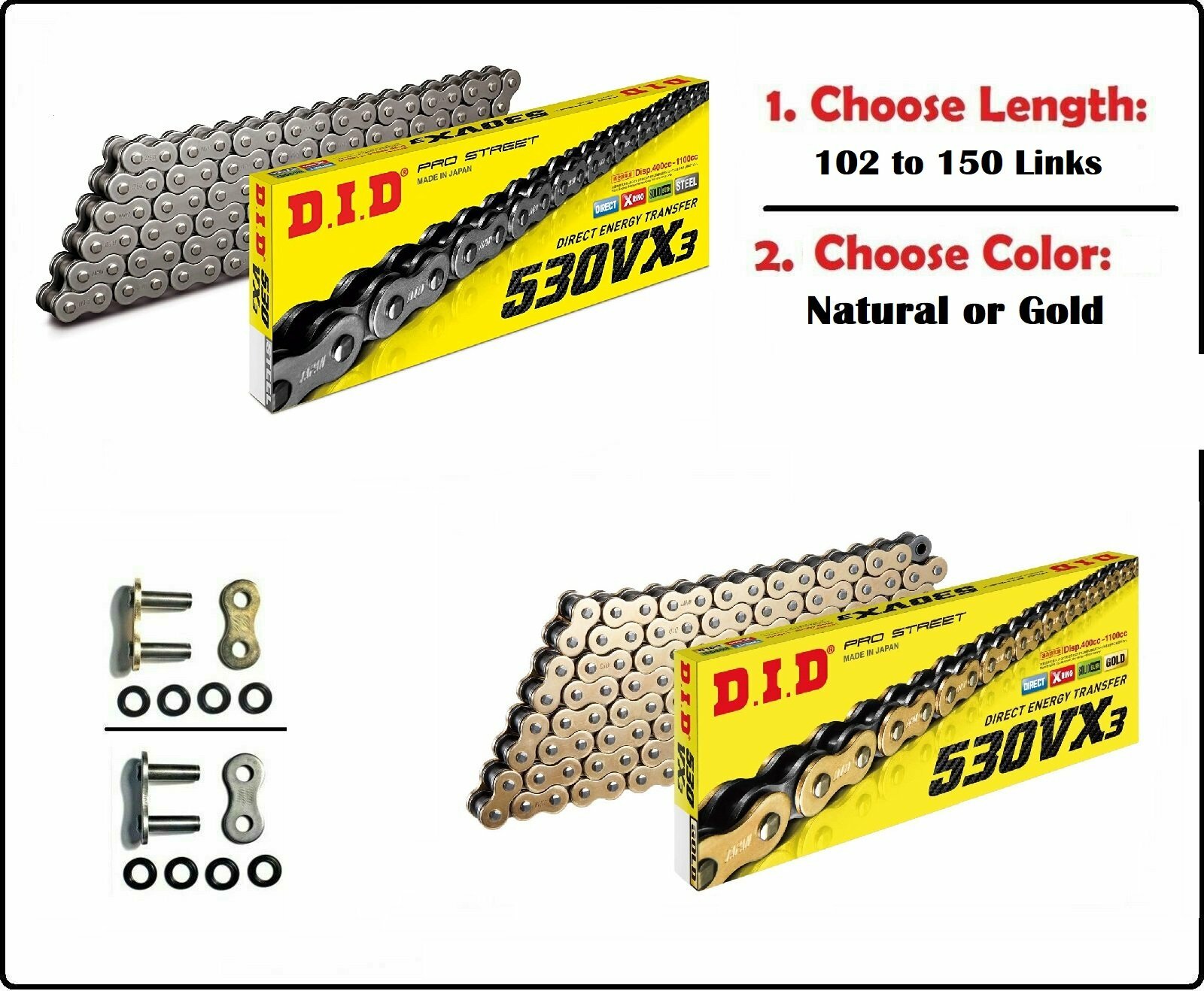 D.I.D DID 530 VX3 Xring Drive Chain Gold or Natural with Rivet Master Link