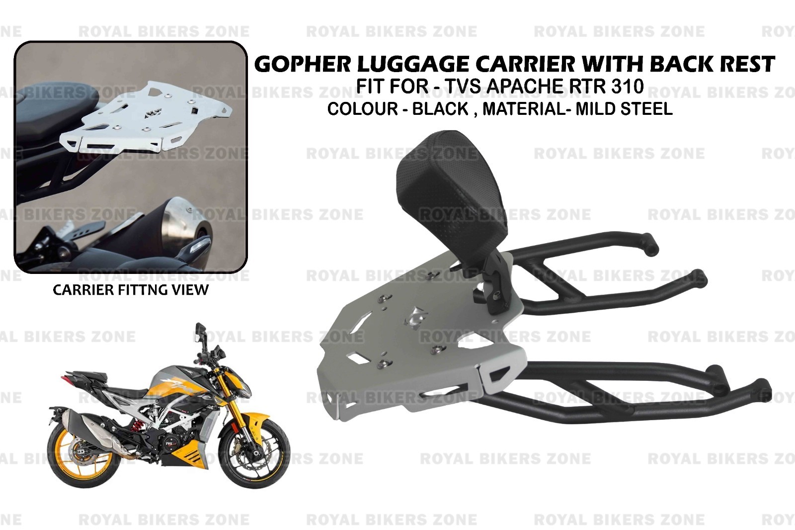 Gopher Luggage Carrier Rack “With Backrest Fit For TVS Apache RTR 310”