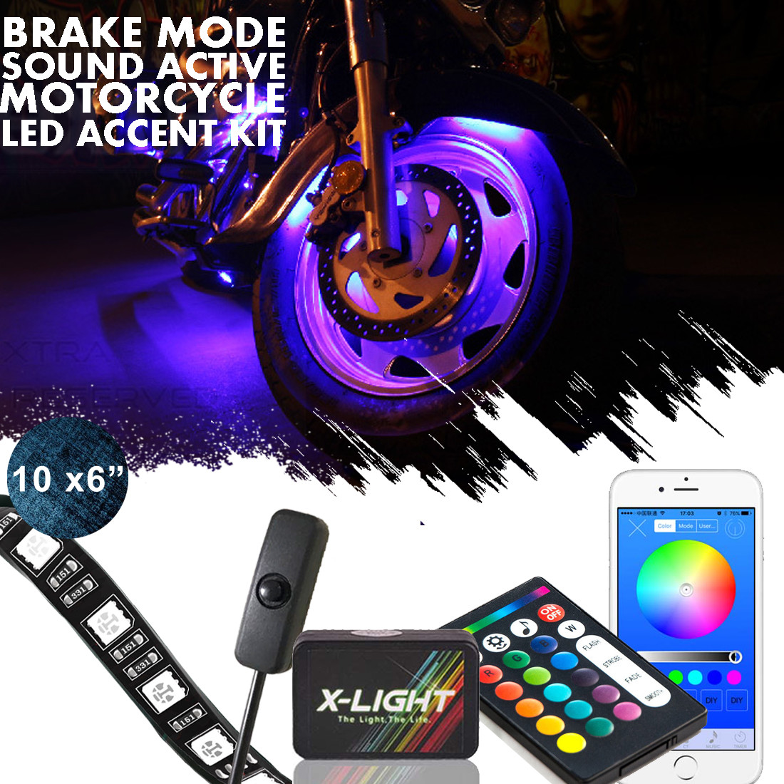 10X RGBW LED Light Strips Kit for Motorcycle Phone App + Remote Control/Switch