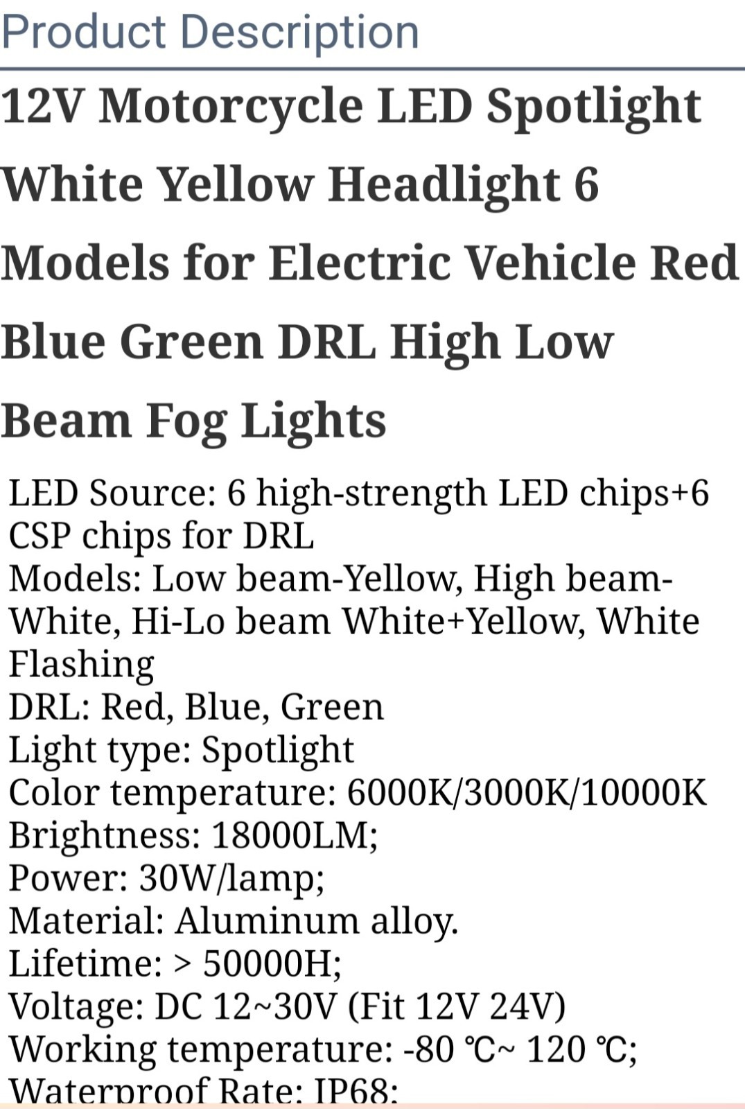 Waterproof Motorcycle LED Fog Lights Spot Light with Switch Easy to Install