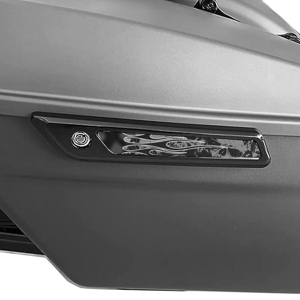 GREY SKULL PILE BLACK FLAME – Saddlebag Latch Inserts for Harley Touring 2014 up