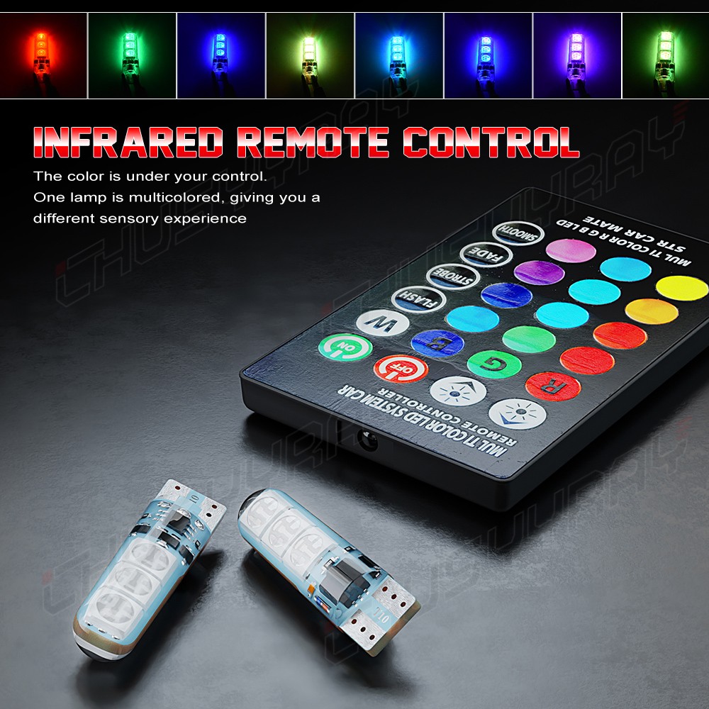 T10 5050 W5W 6SMD RGB LED Multi Color Light Car Wedge Bulbs Remote Control 2pcs