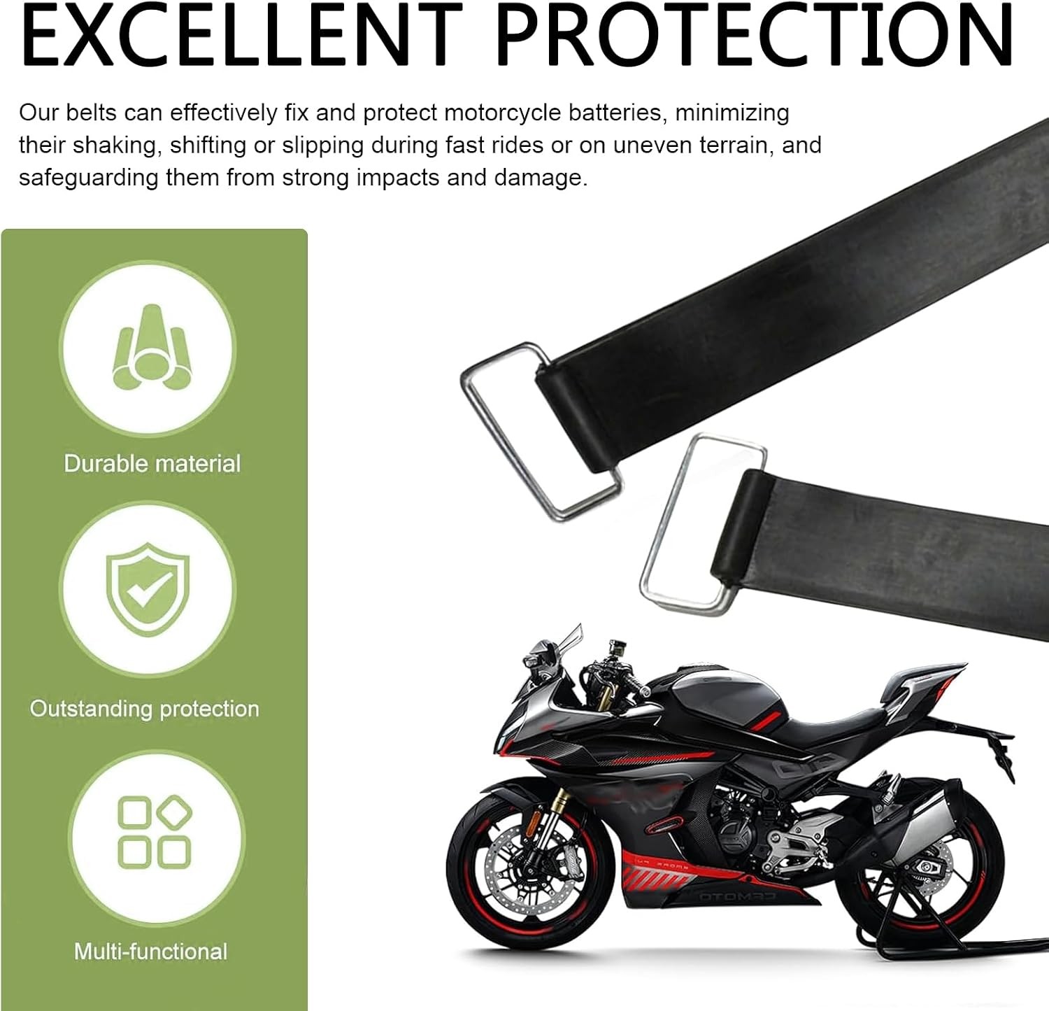 Motorcycle Battery Straps, 2PCS Rubber Tie Down Metal Buckles